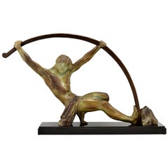 Vintage Art Deco Sculpture Bending Bar Man L'age Du Bronze Demetre H. Chiparus, 1930