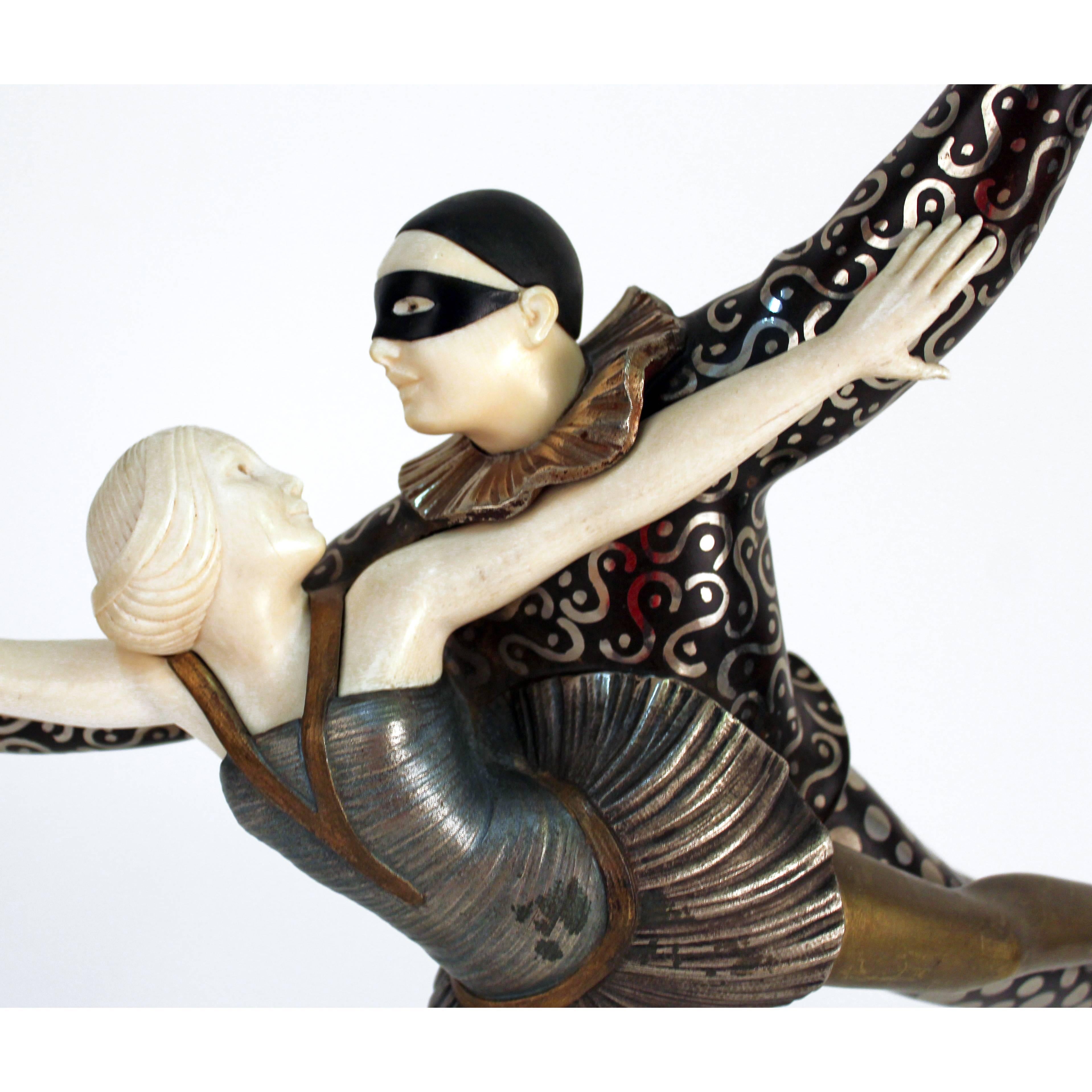 Art Deco silvered, patinated bronze sculpture by the French artist Alexander Keletey with beige onyx vase depicting a couple of dancer wearing a festive costume.
Made in France
circa 1930
Signature: A. Kelety
Reference: Purchased from Sotheby's