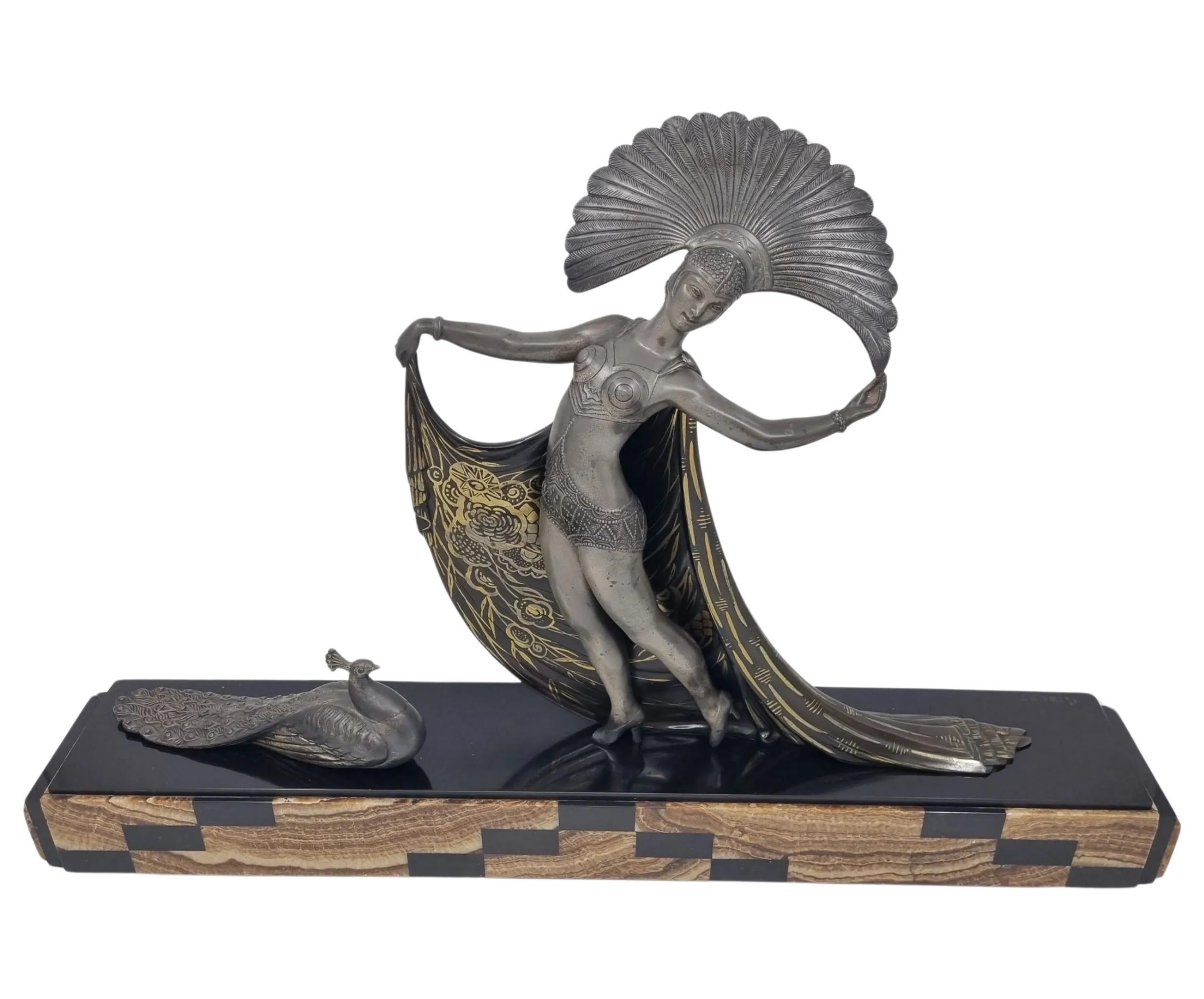 Art Deco Sculpture Cabaret Dancer with a Peacock by Gibert For Sale 3