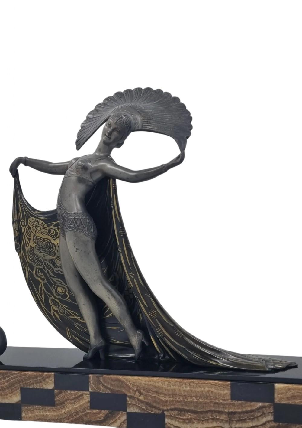Cast Art Deco Sculpture Cabaret Dancer with a Peacock by Gibert For Sale