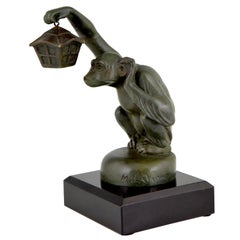 Retro Art Deco Sculpture Car Mascot Monkey with Lantern Max Le Verrier, 1930