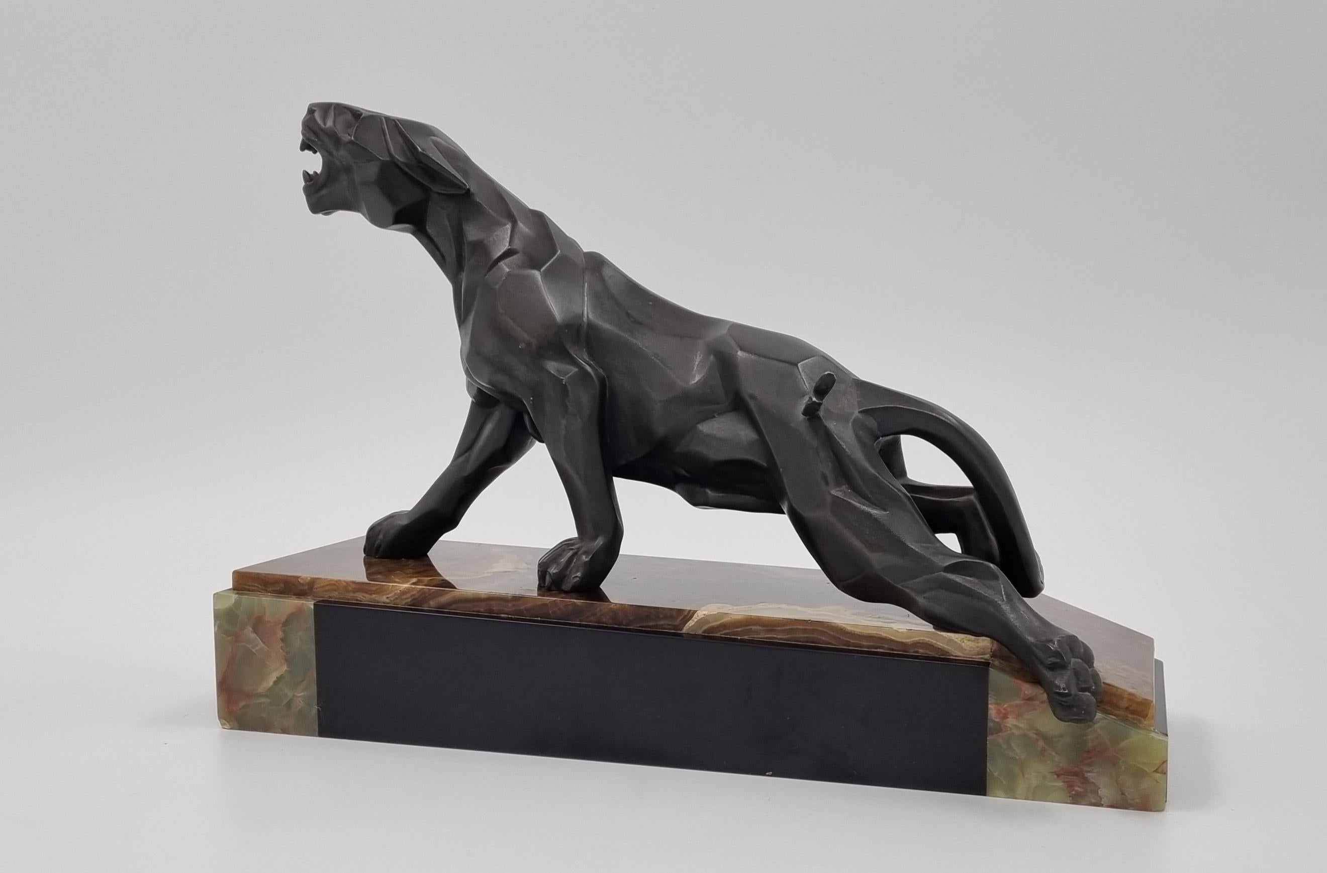 Cast Art Deco Sculpture Cubist Panther By A Notari For Sale