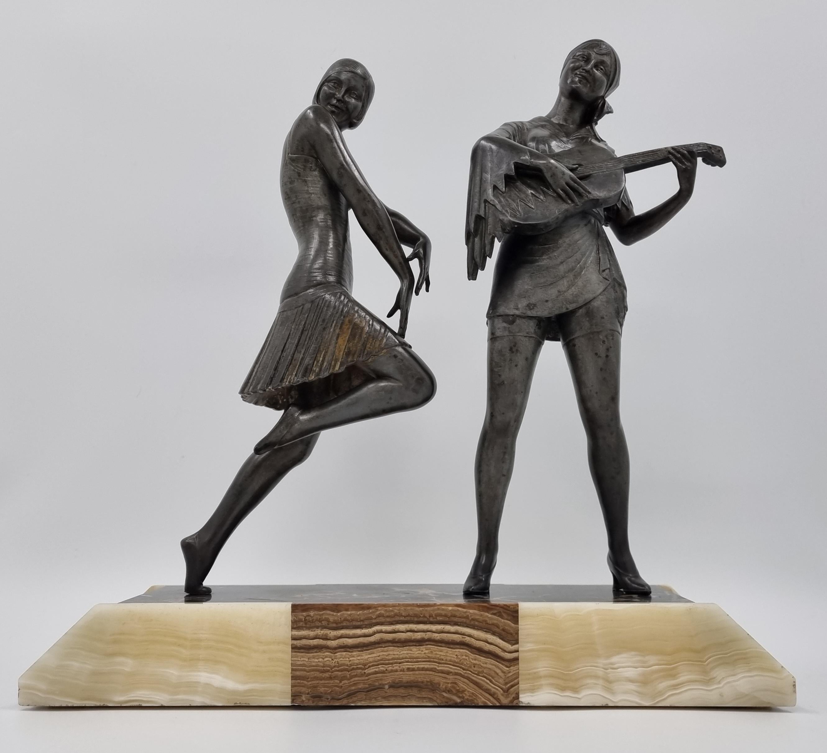 Onyx Art Deco Sculpture Dancer and Musician by Enrique Molins-Balleste For Sale