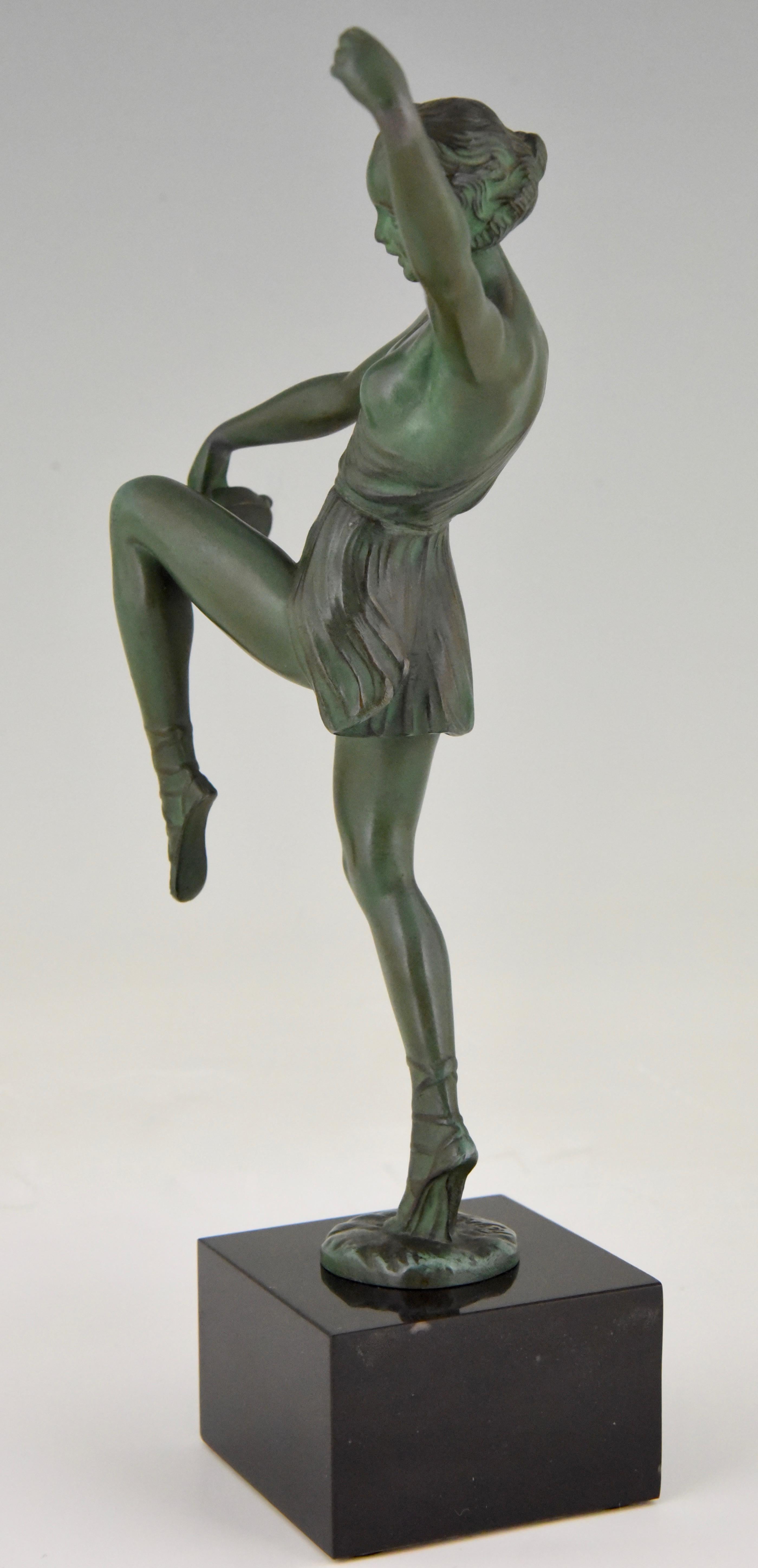 Patinated Art Deco Sculpture Dancer with Tambourine Fayral Pierre Le Faguays, France, 1930