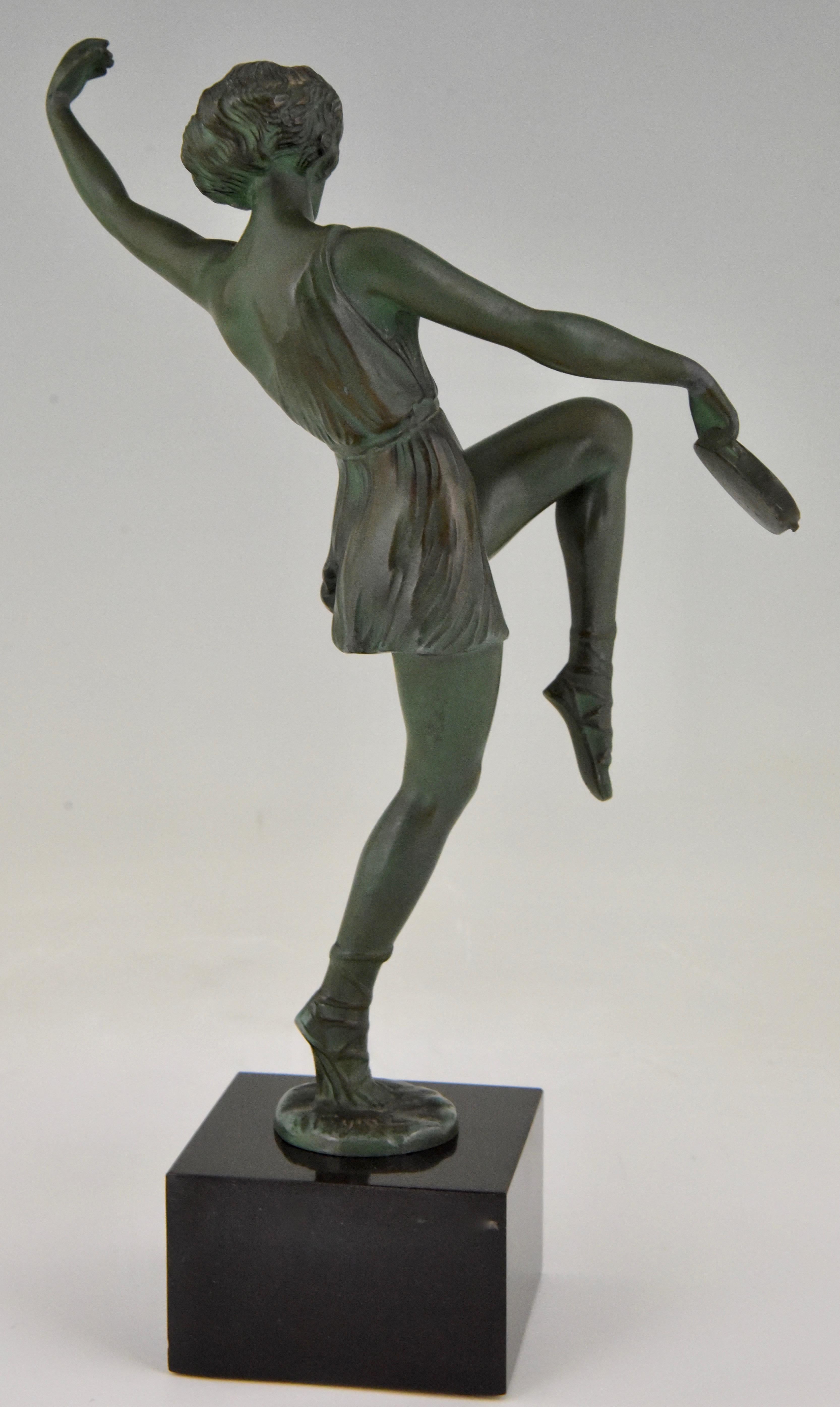 Metal Art Deco Sculpture Dancer with Tambourine Fayral Pierre Le Faguays, France, 1930
