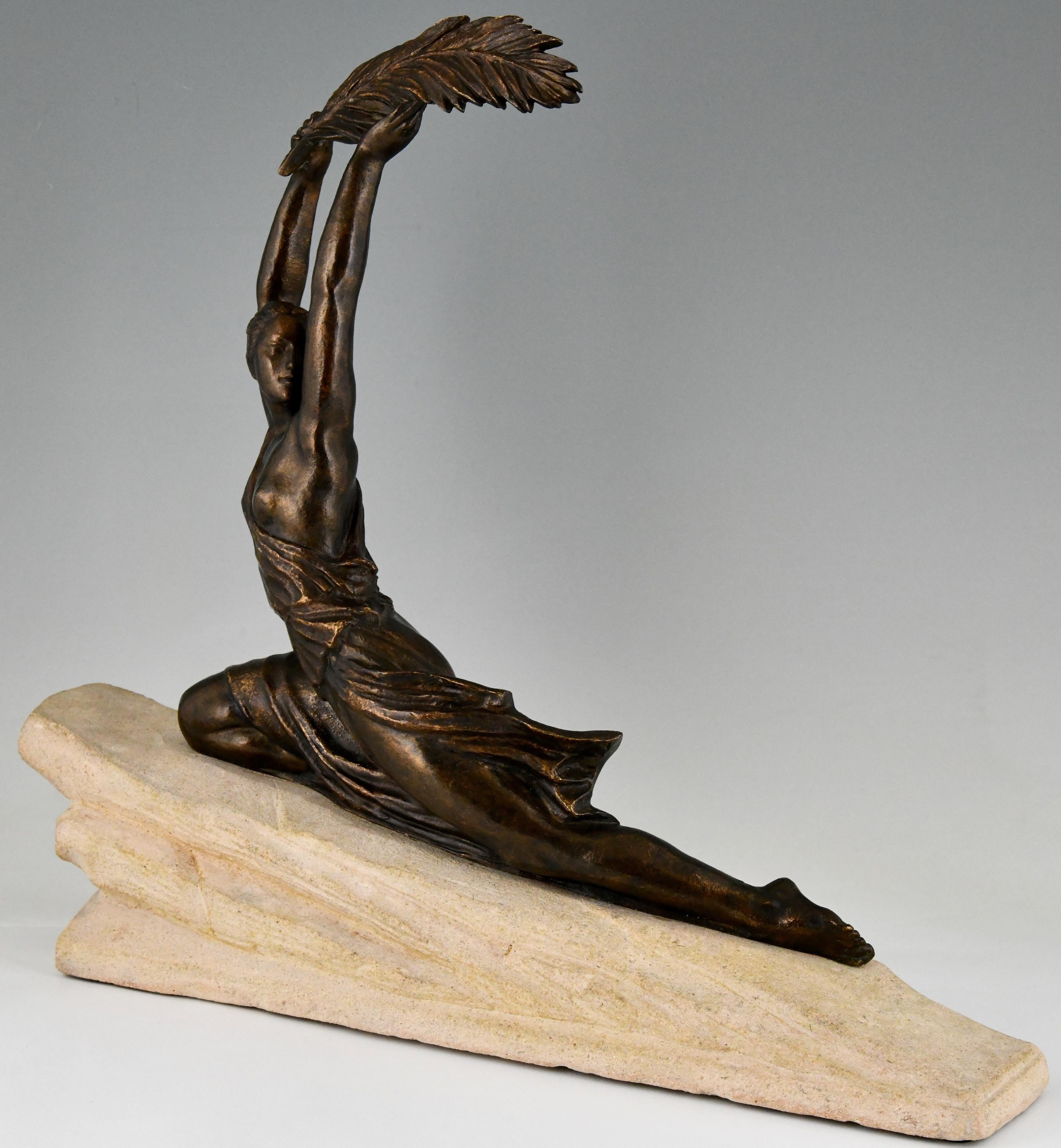 Art Deco Sculpture Female Athlete with Palm Leaf by Fayral, Pierre Le Faguays 3