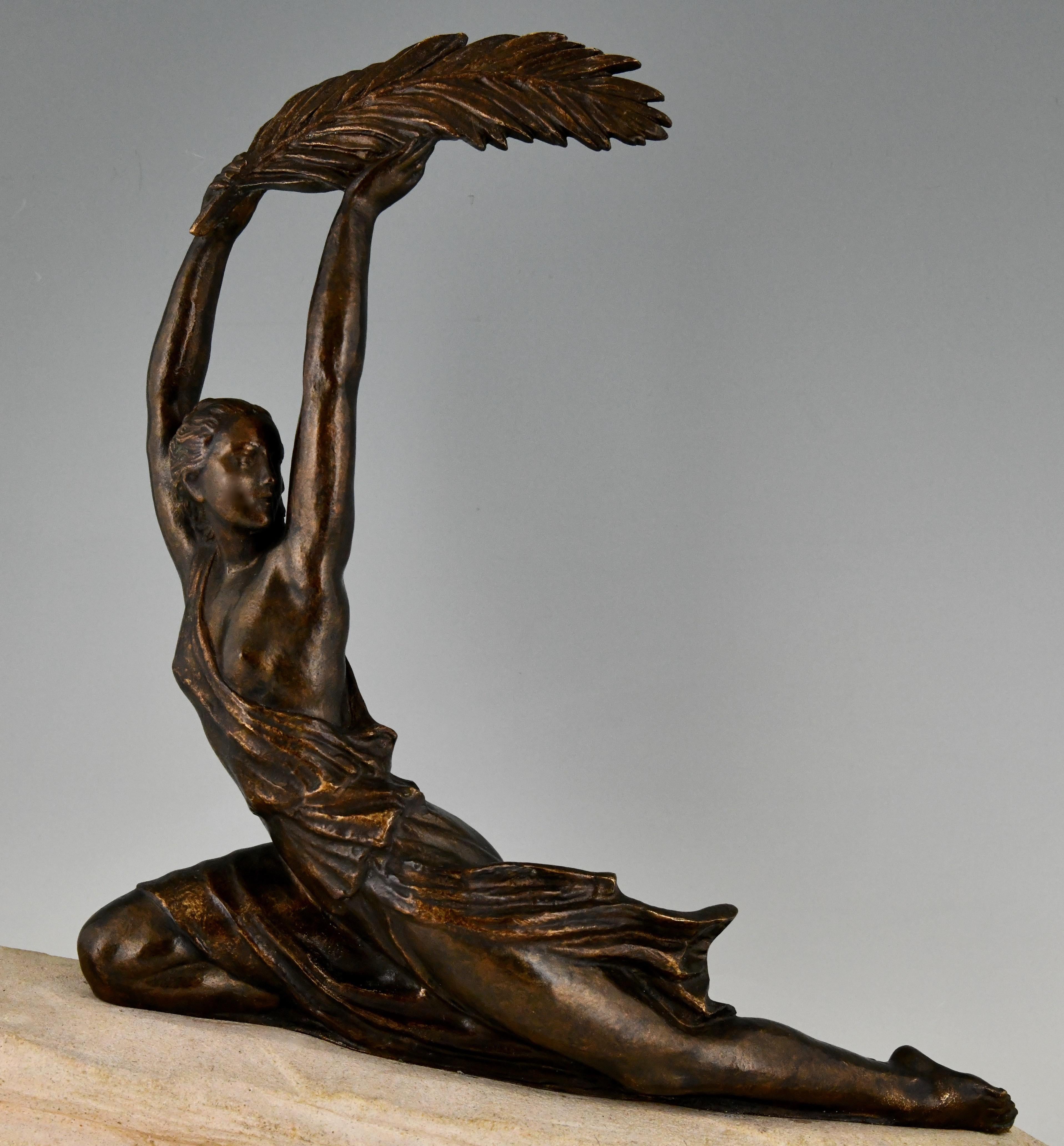 Art Deco Sculpture Female Athlete with Palm Leaf by Fayral, Pierre Le Faguays 4