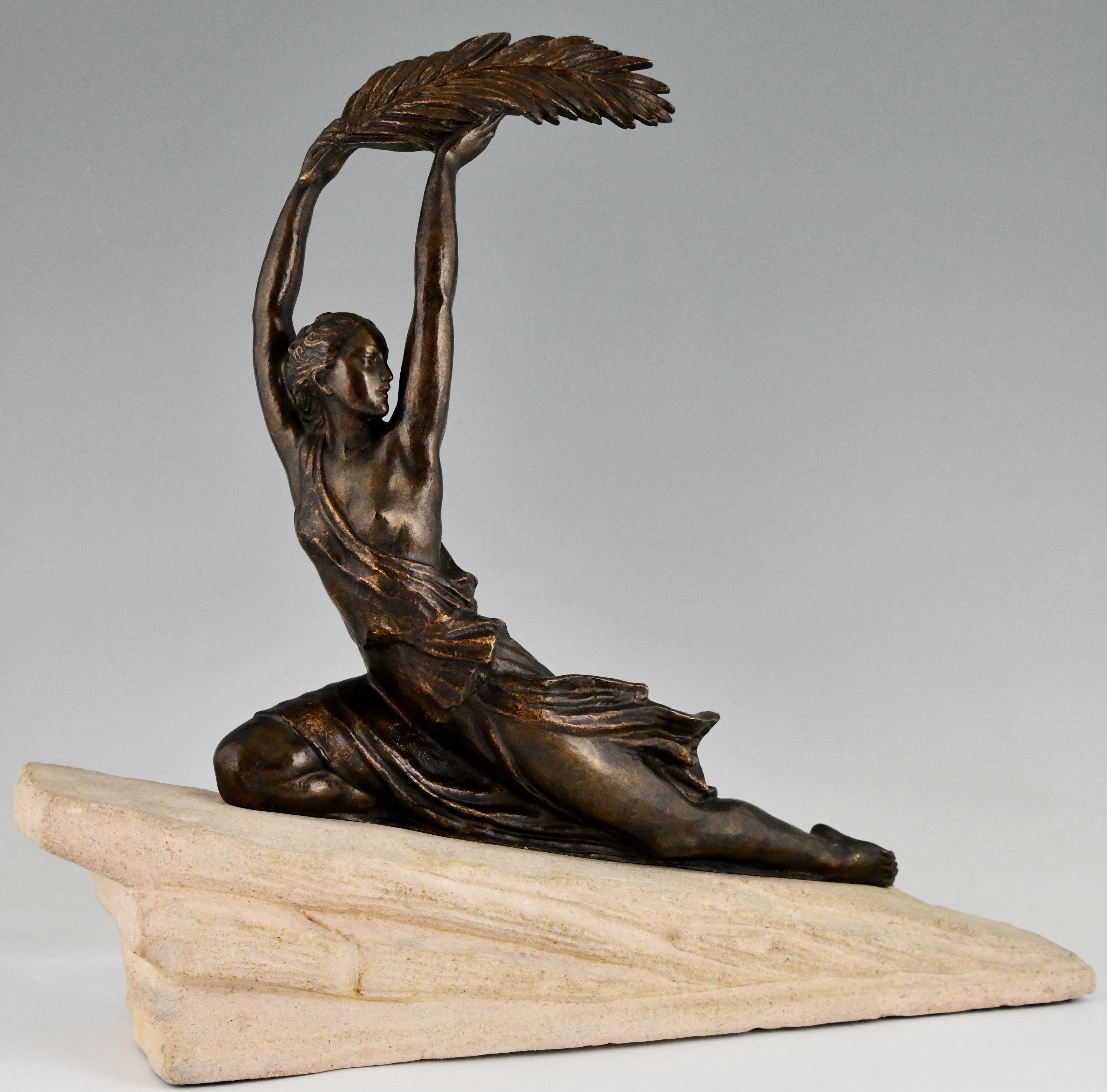 French Art Deco Sculpture Female Athlete with Palm Leaf by Fayral, Pierre Le Faguays