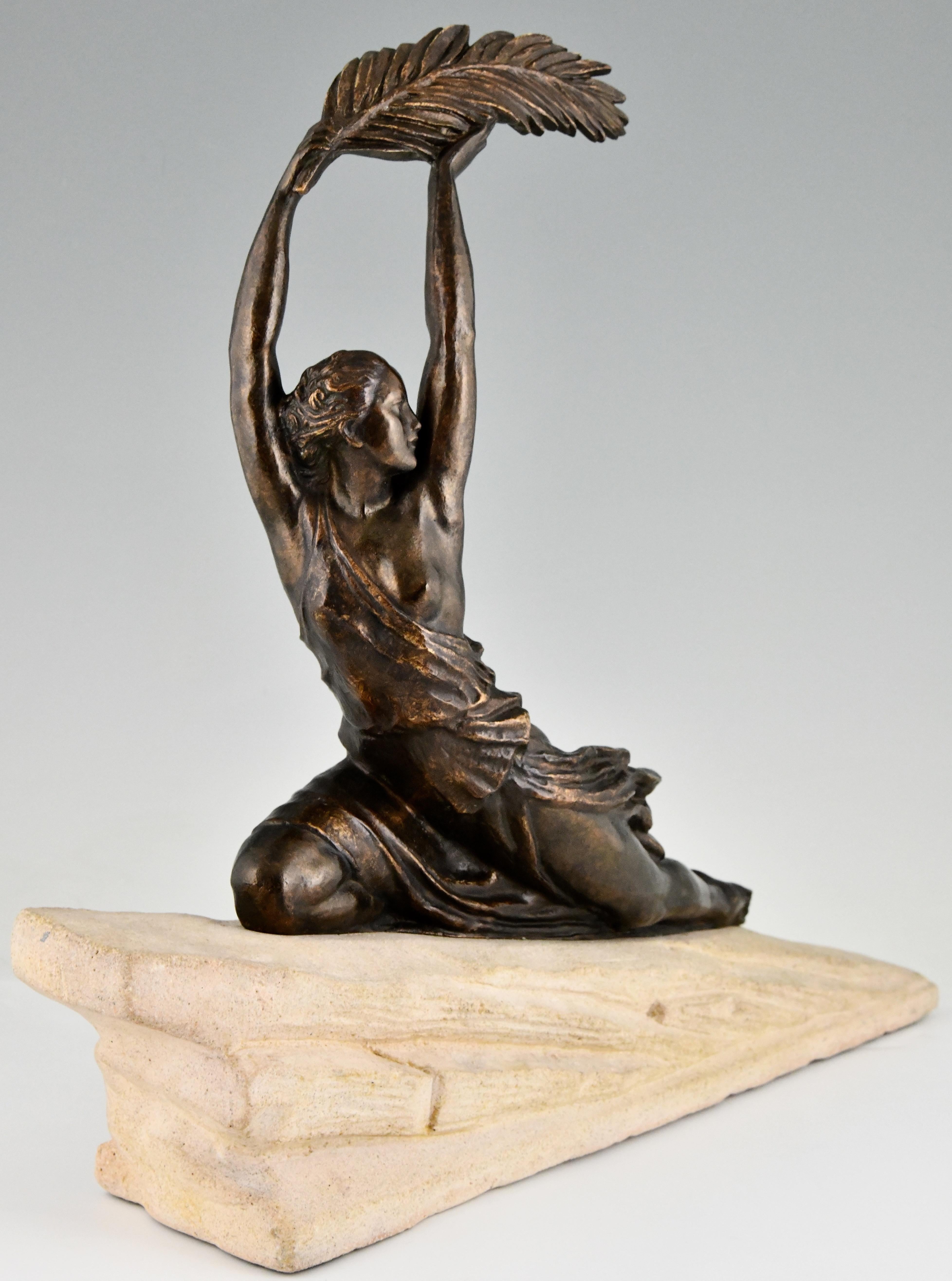 Patinated Art Deco Sculpture Female Athlete with Palm Leaf by Fayral, Pierre Le Faguays