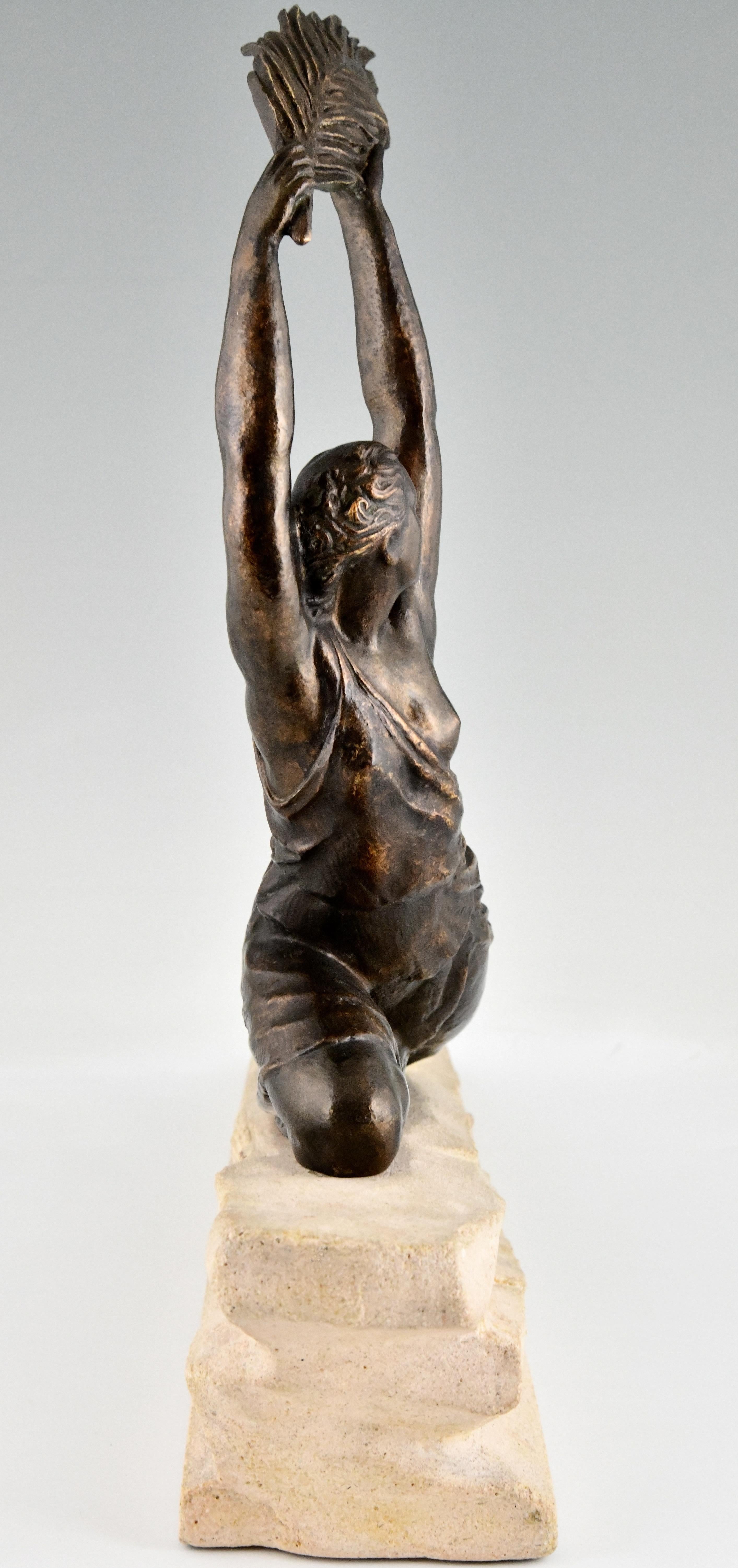 Art Deco Sculpture Female Athlete with Palm Leaf by Fayral, Pierre Le Faguays In Good Condition In Antwerp, BE