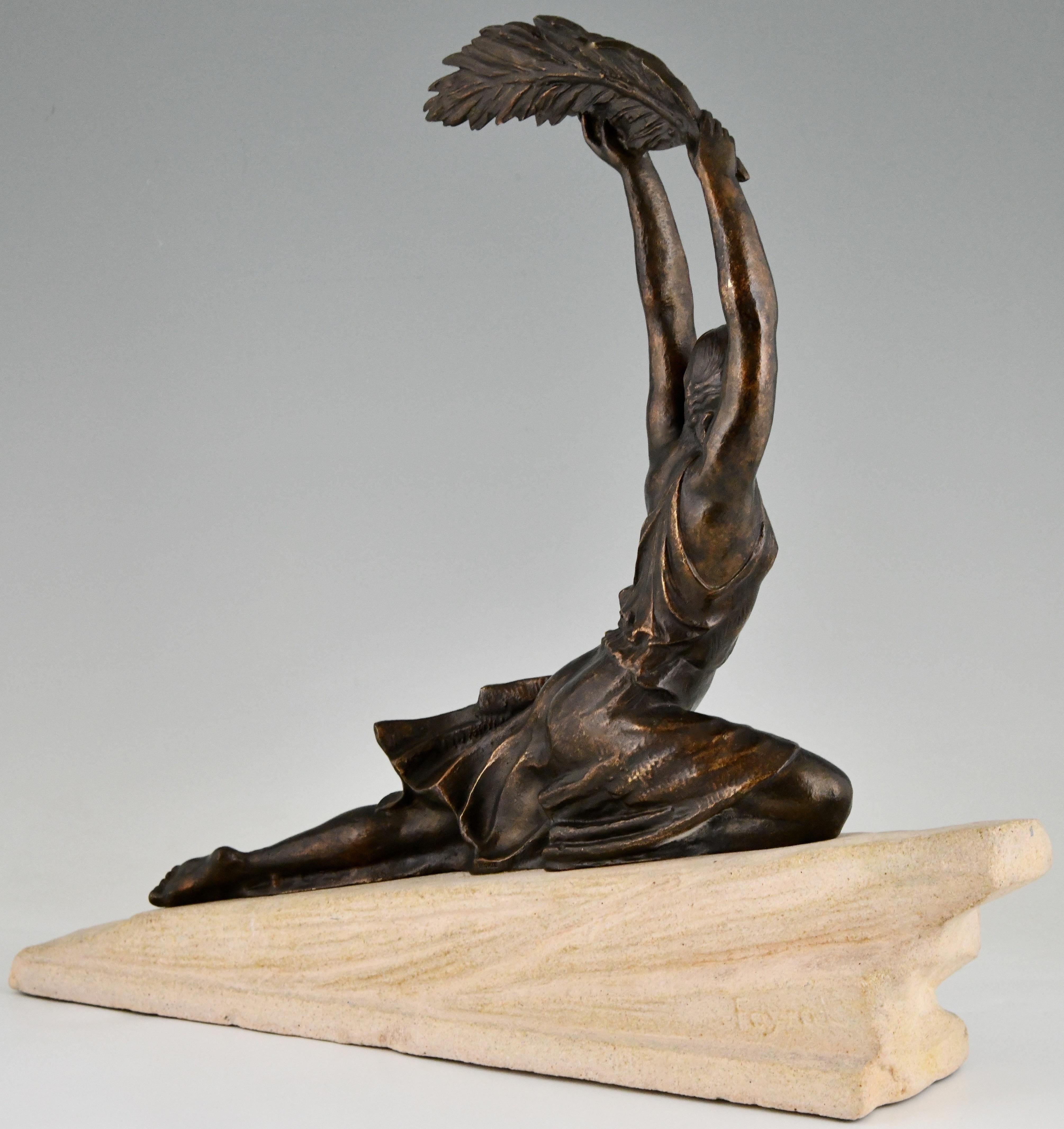 Mid-20th Century Art Deco Sculpture Female Athlete with Palm Leaf by Fayral, Pierre Le Faguays