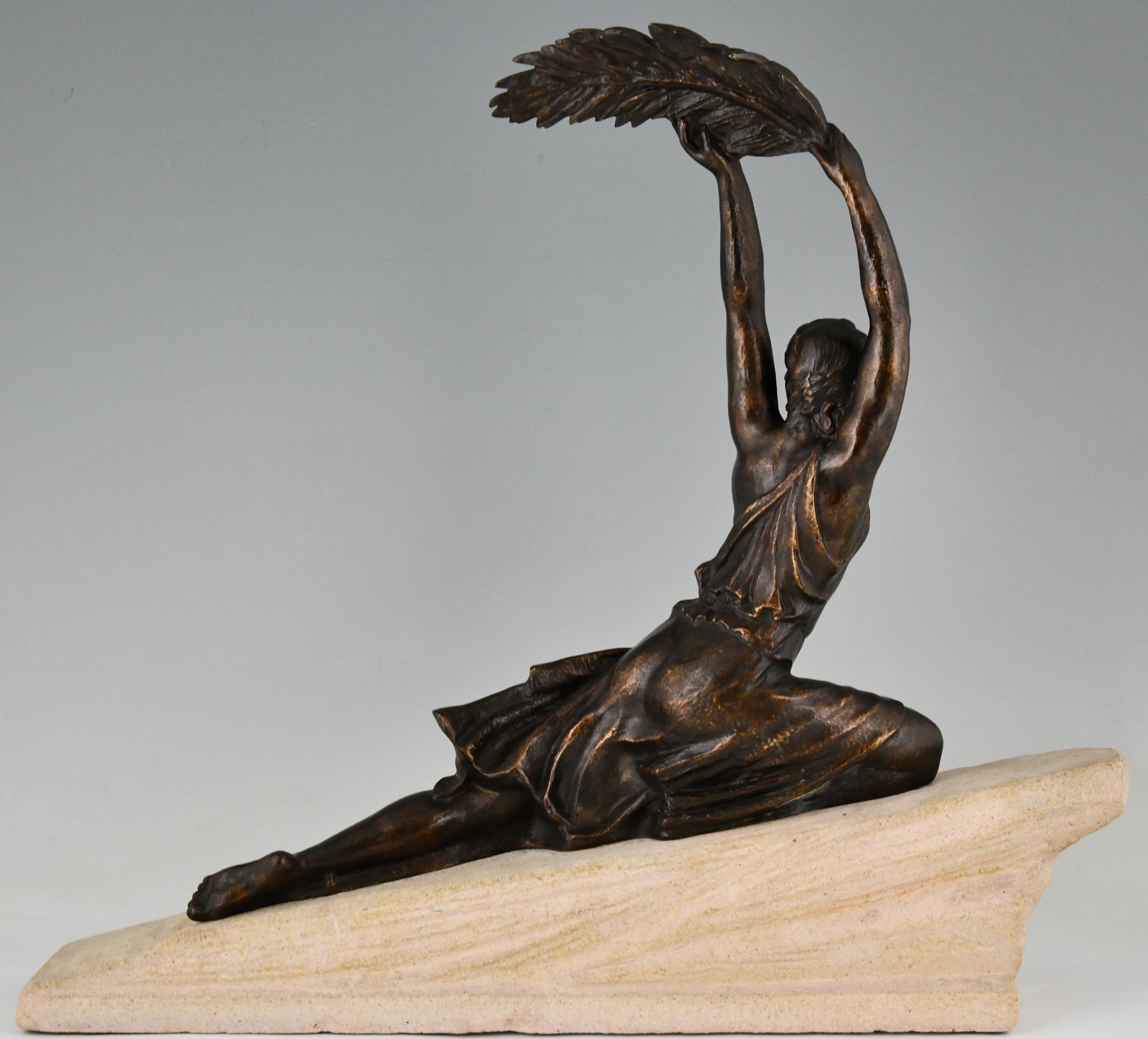 Bronze Art Deco Sculpture Female Athlete with Palm Leaf by Fayral, Pierre Le Faguays