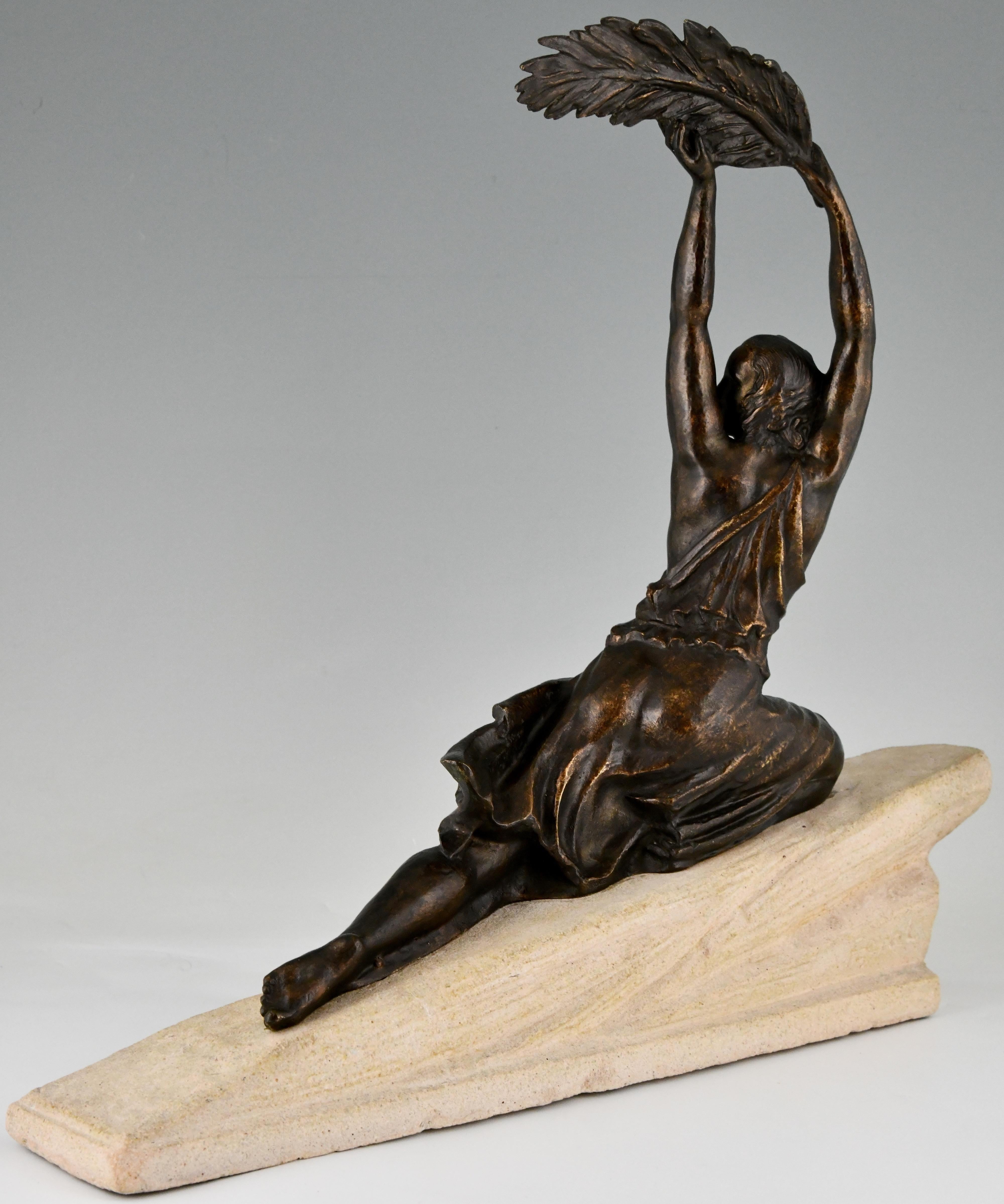 Art Deco Sculpture Female Athlete with Palm Leaf by Fayral, Pierre Le Faguays 1