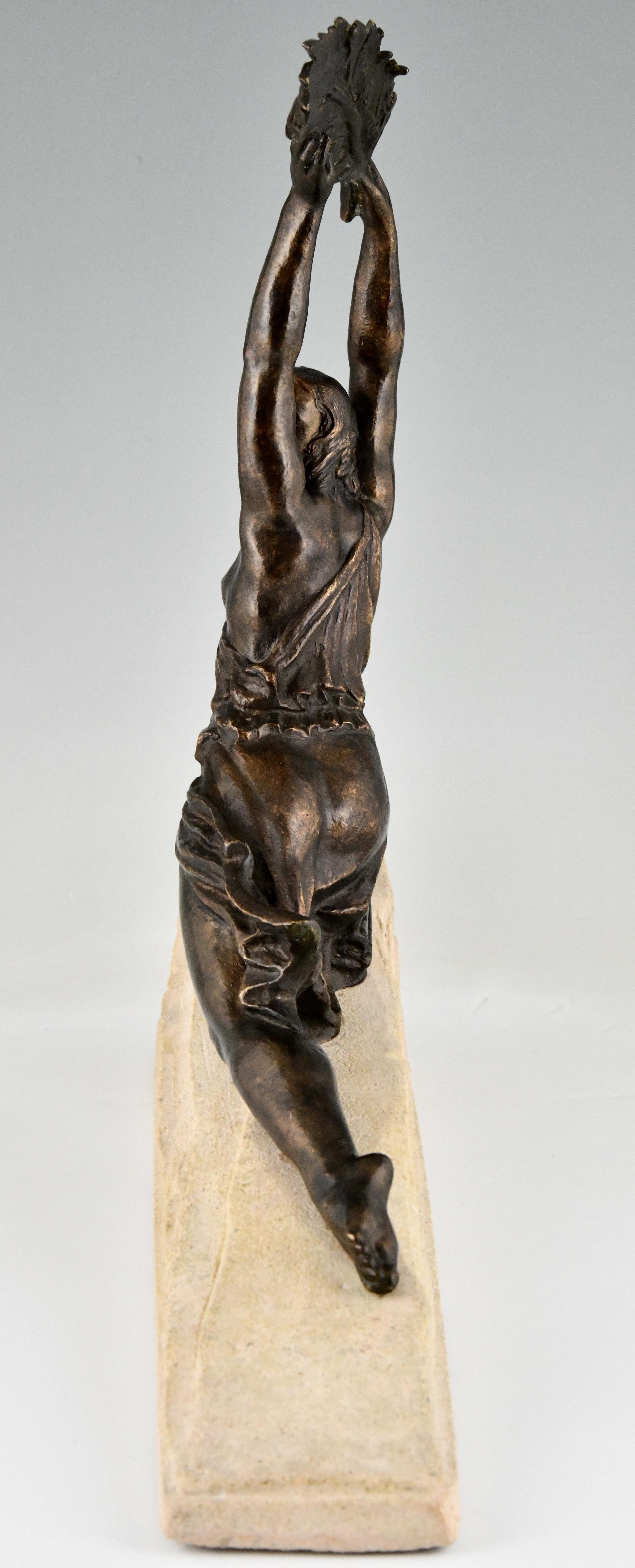 Art Deco Sculpture Female Athlete with Palm Leaf by Fayral, Pierre Le Faguays 2