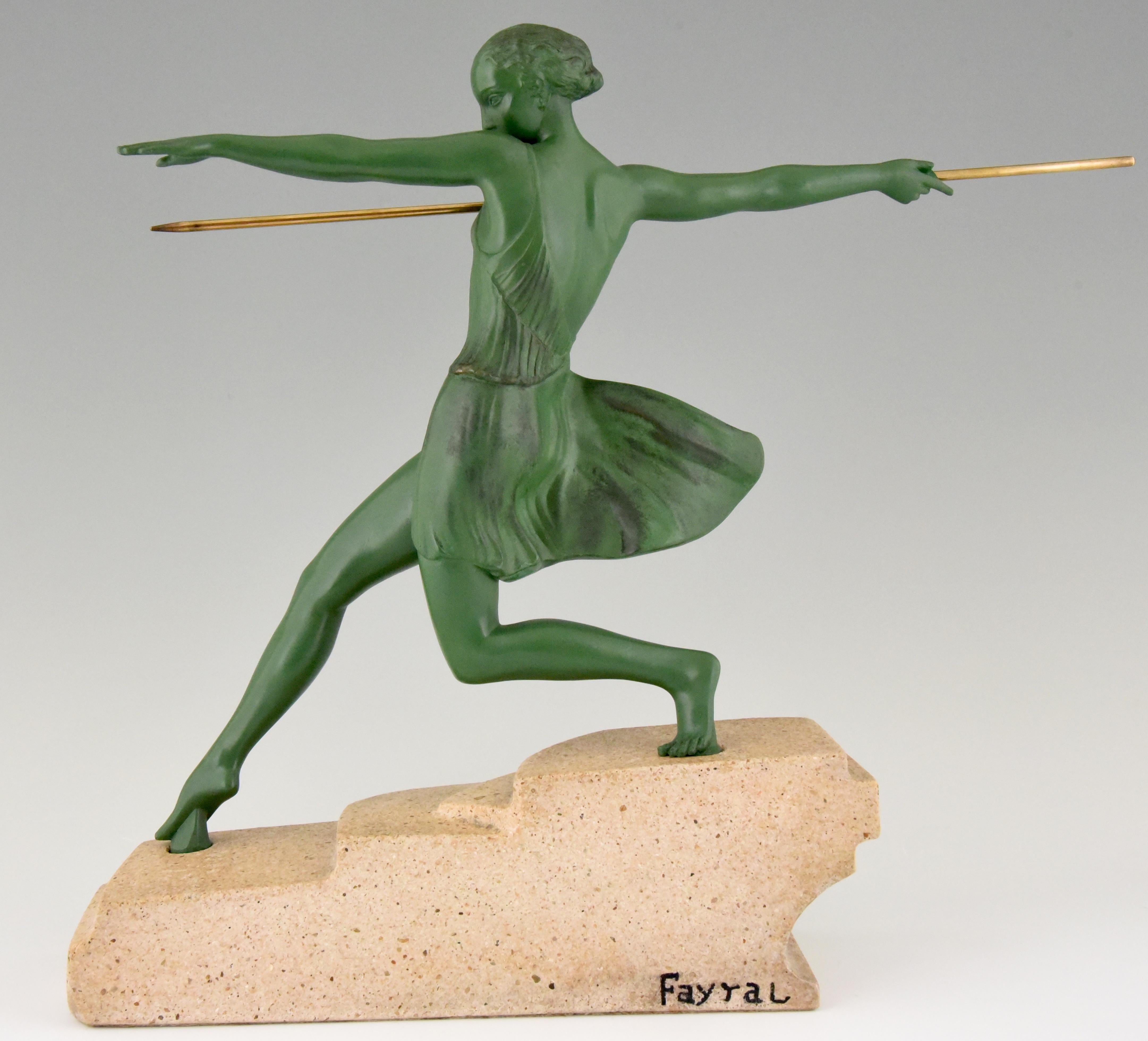 Metal Art Deco Sculpture Female Javelin Thrower Fayral, Pierre Le Faguays