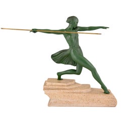 Vintage Art Deco Sculpture Female Javelin Thrower Fayral, Pierre Le Faguays