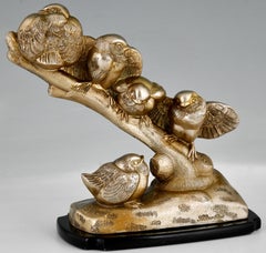 Art Deco Sculpture Five Birds on Branch by Sabino, France, 1930
