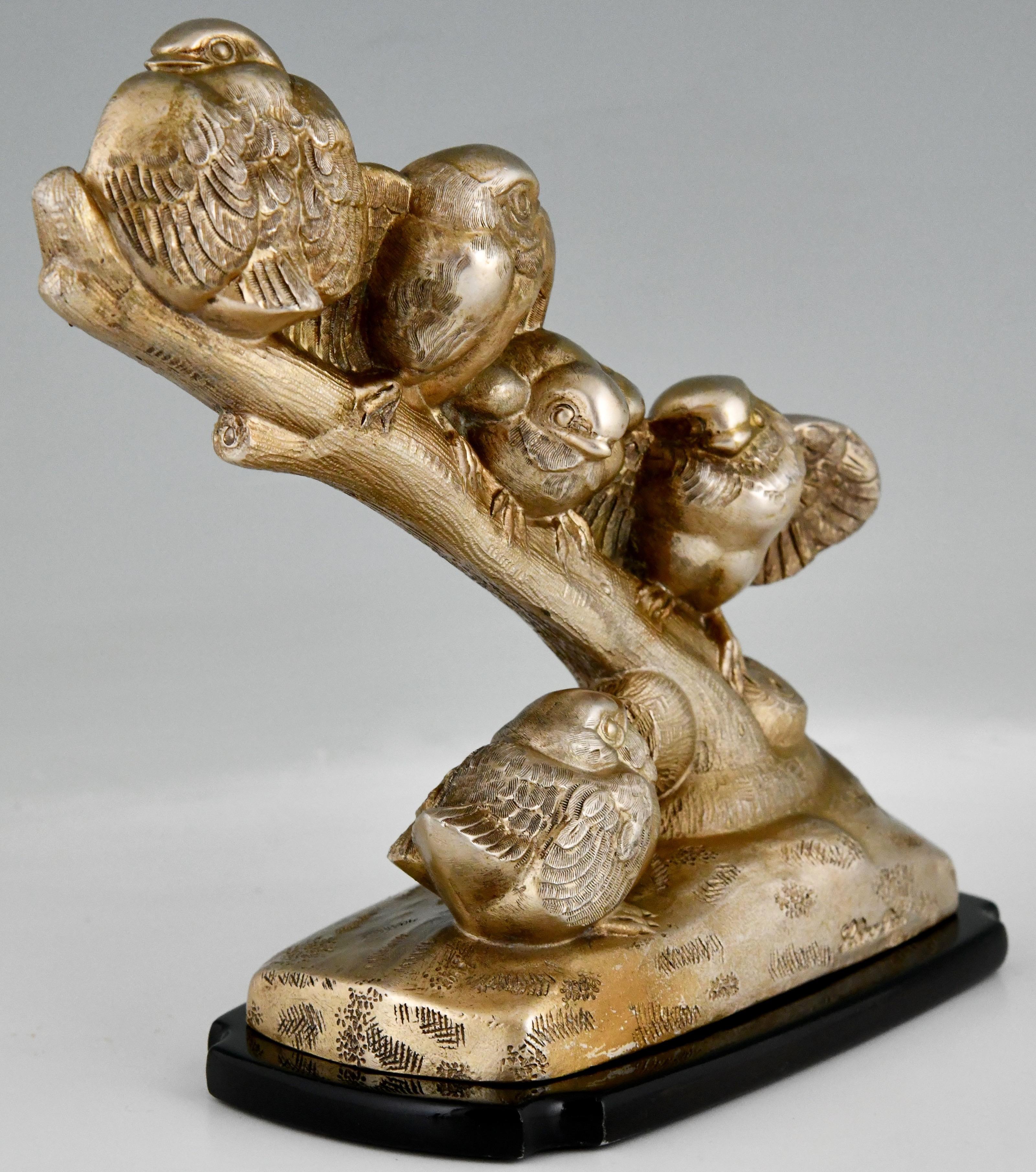 French Art Deco Sculpture Five Birds on Branch by Sabino, France, 1930 For Sale