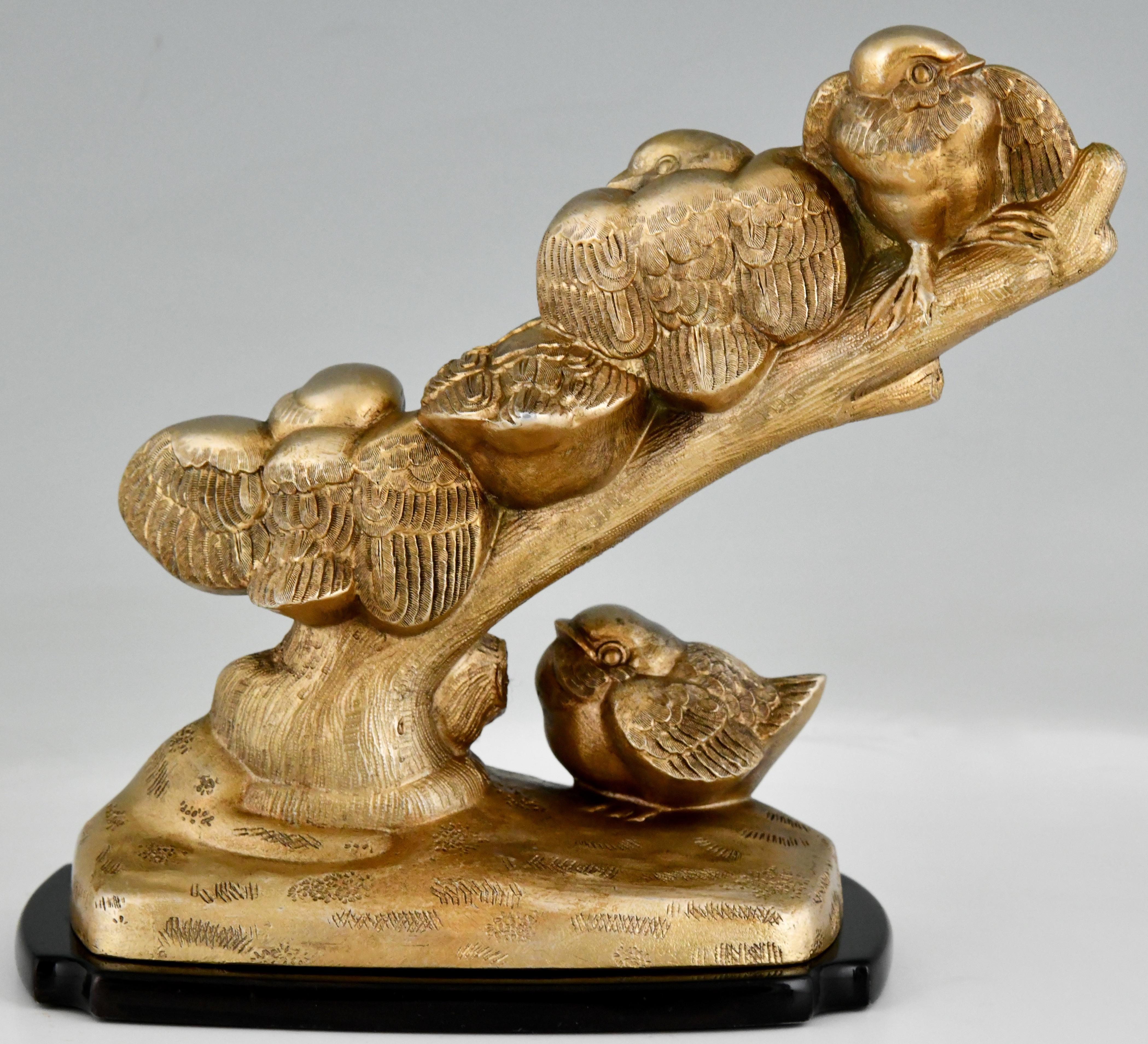 Mid-20th Century Art Deco Sculpture Five Birds on Branch by Sabino, France, 1930 For Sale