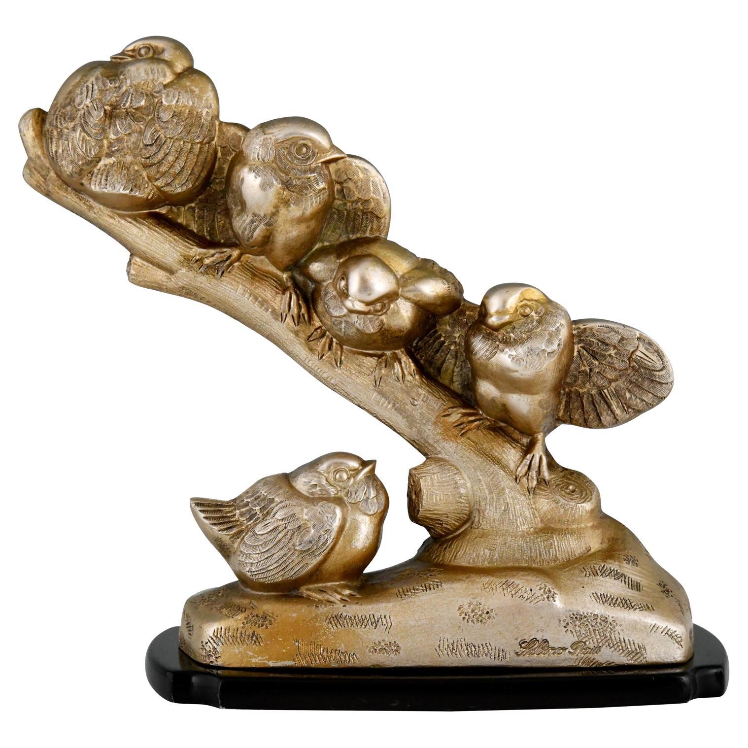 Art Deco Sculpture Five Birds on Branch by Sabino, France, 1930 For Sale