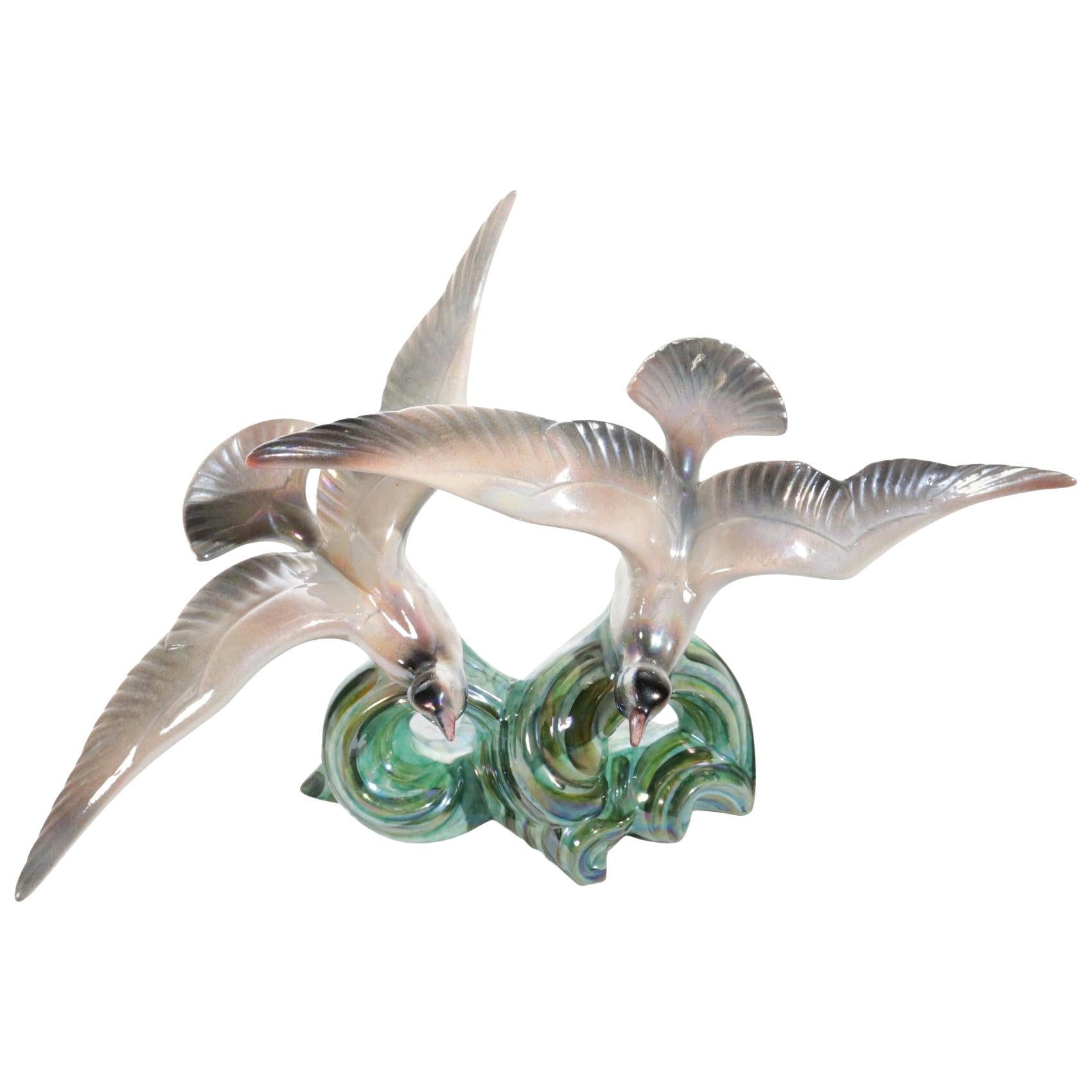 Art Deco Sculpture Flying Birds Porcelain Iridescent 1920