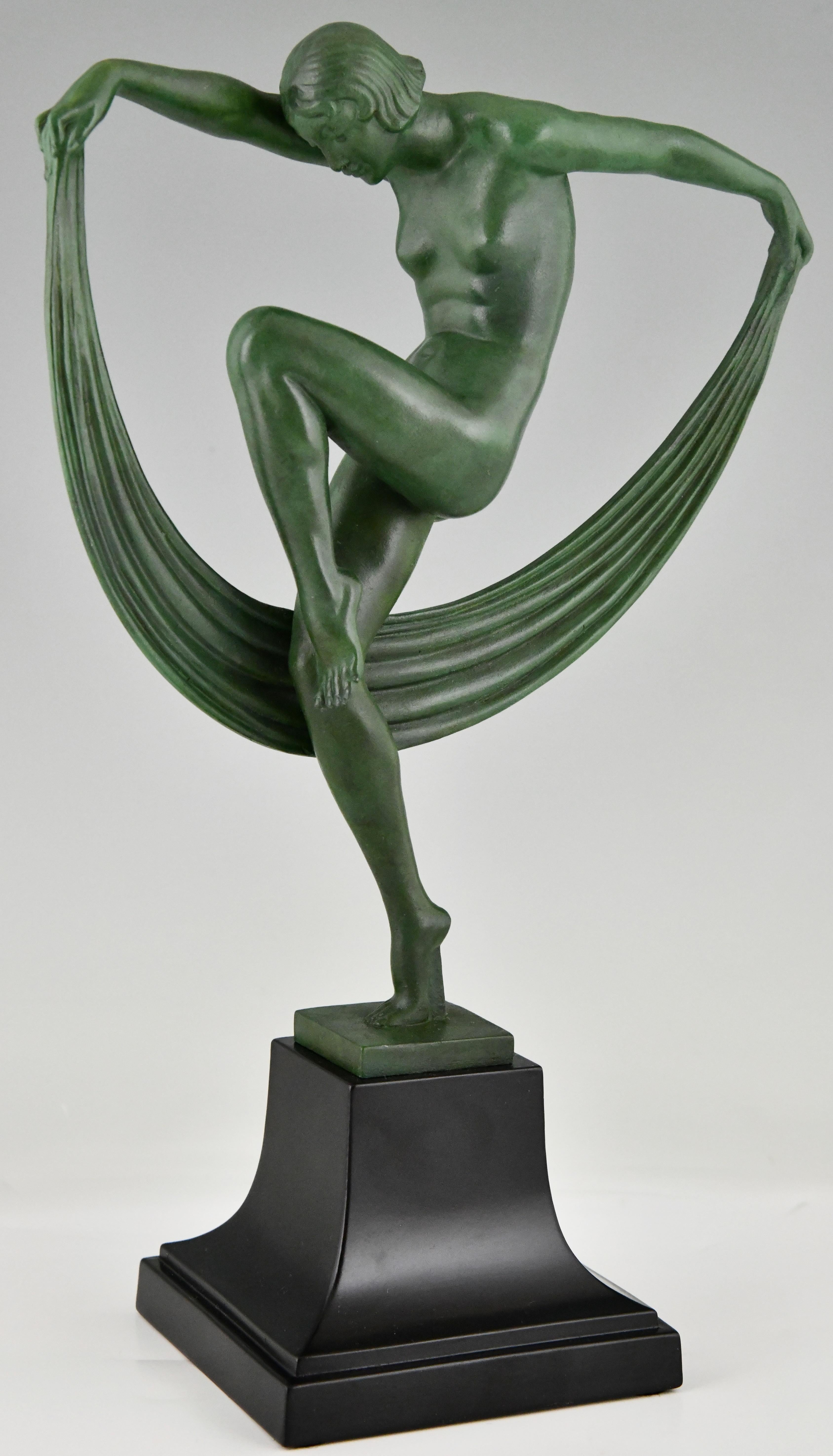 French Art Deco sculpture Folie nude scarf dancer by Denis for Max le Verrier