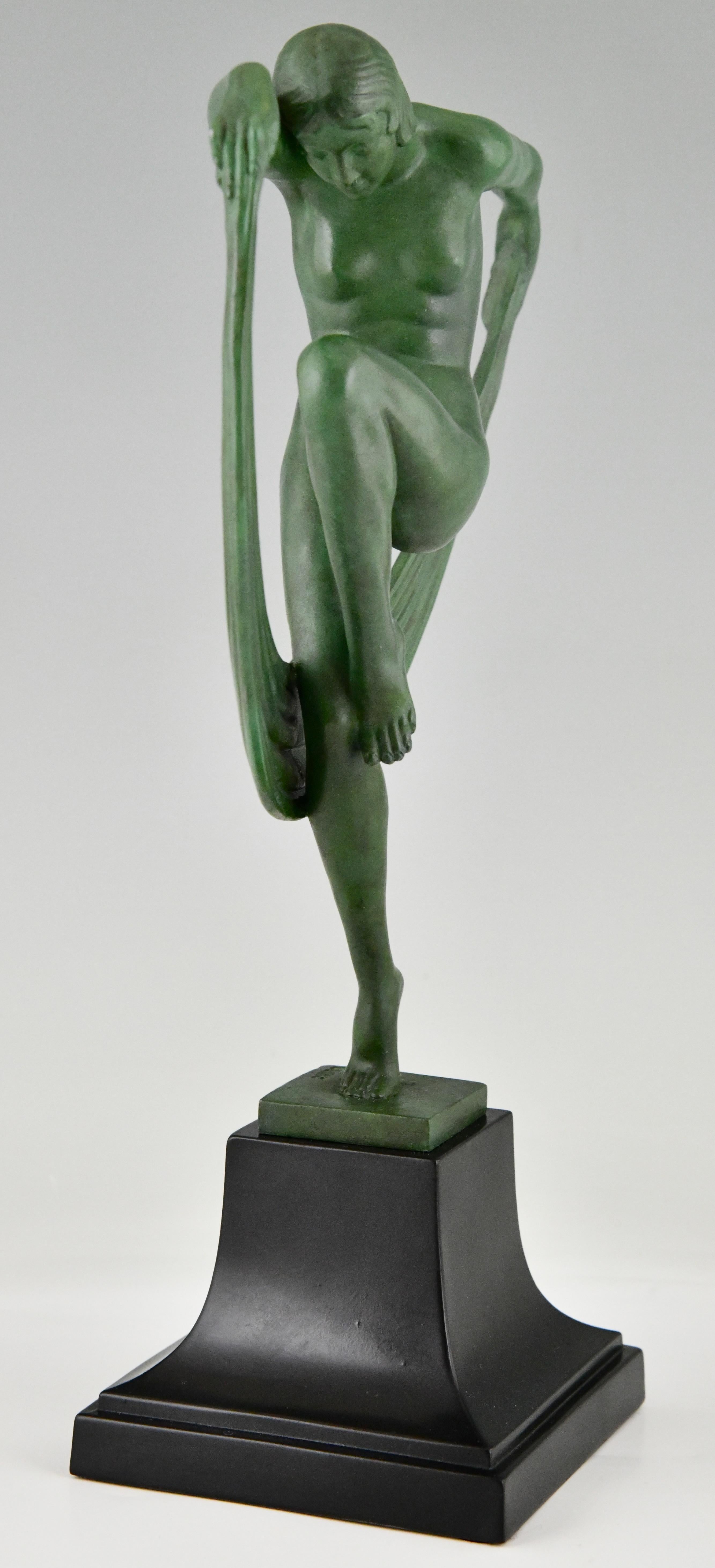 Patinated Art Deco sculpture Folie nude scarf dancer by Denis for Max le Verrier