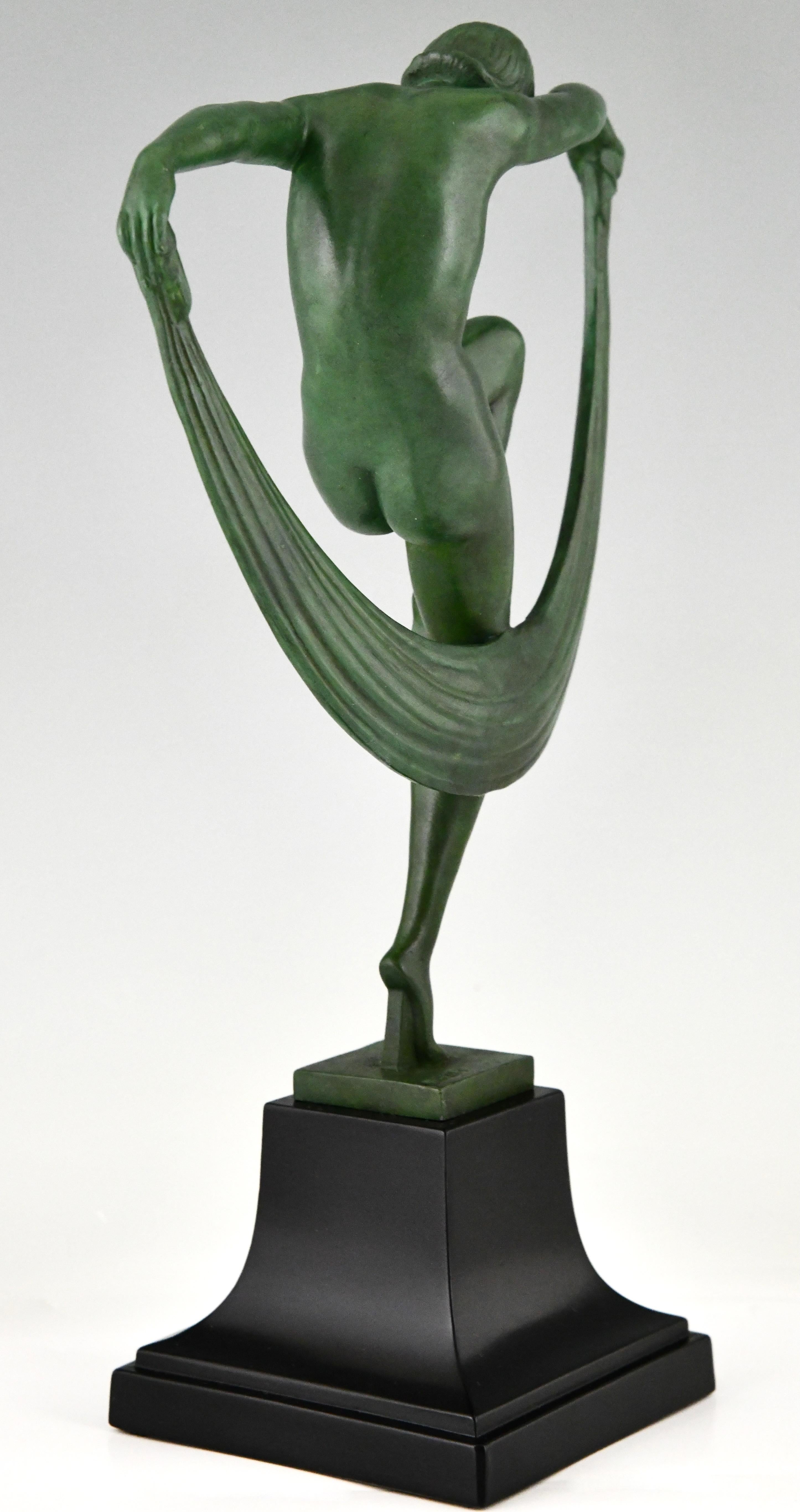 Metal Art Deco sculpture Folie nude scarf dancer by Denis for Max le Verrier
