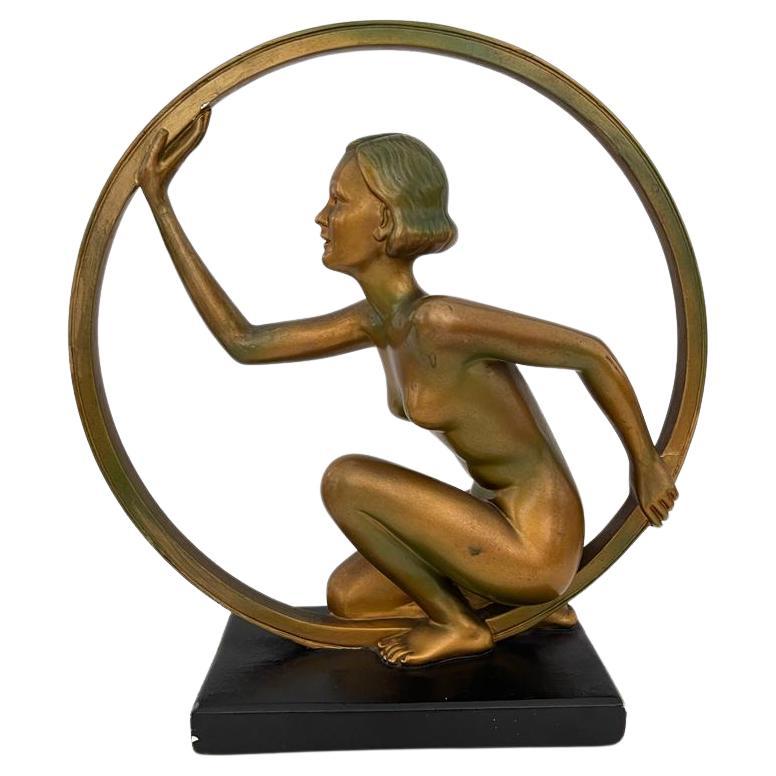 Art-Deco Sculpture, Girl in a hoop, 1930 by Giuseppe Leonardi (Leonardene Co) For Sale