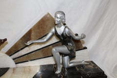 Art Deco Sculpture Girl with 2 Gazelle Large Heavy Marble