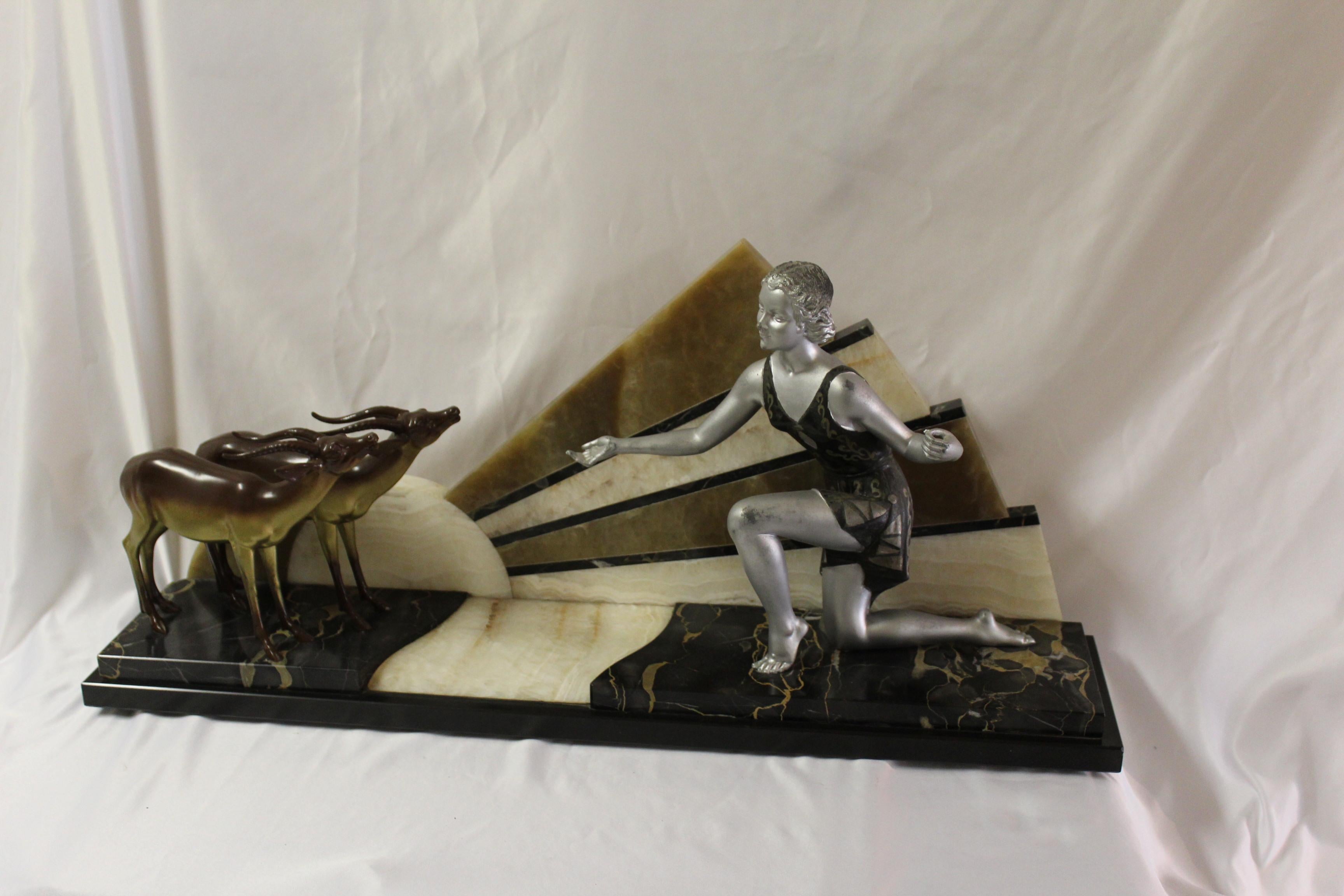Art Deco Sculpture Girl with 2 Gazelle Large Heavy Marble 2