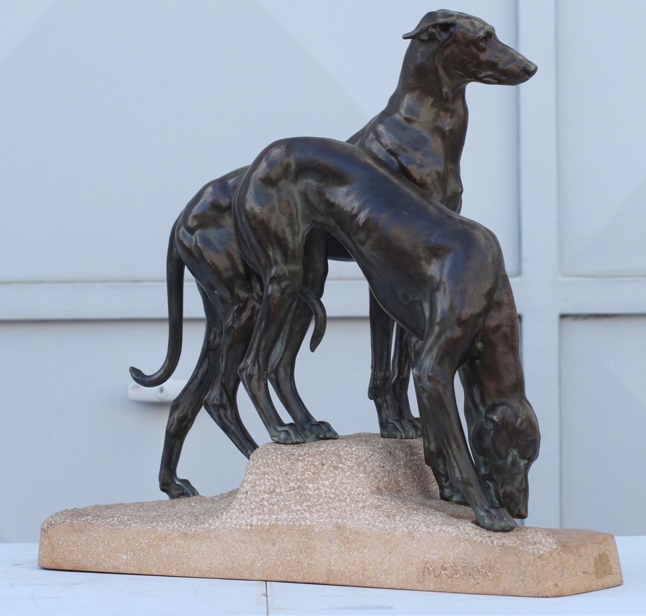 Patinated Art Deco Sculpture Greyhounds by Jules Edmond Masson for Max Le Verrier, France