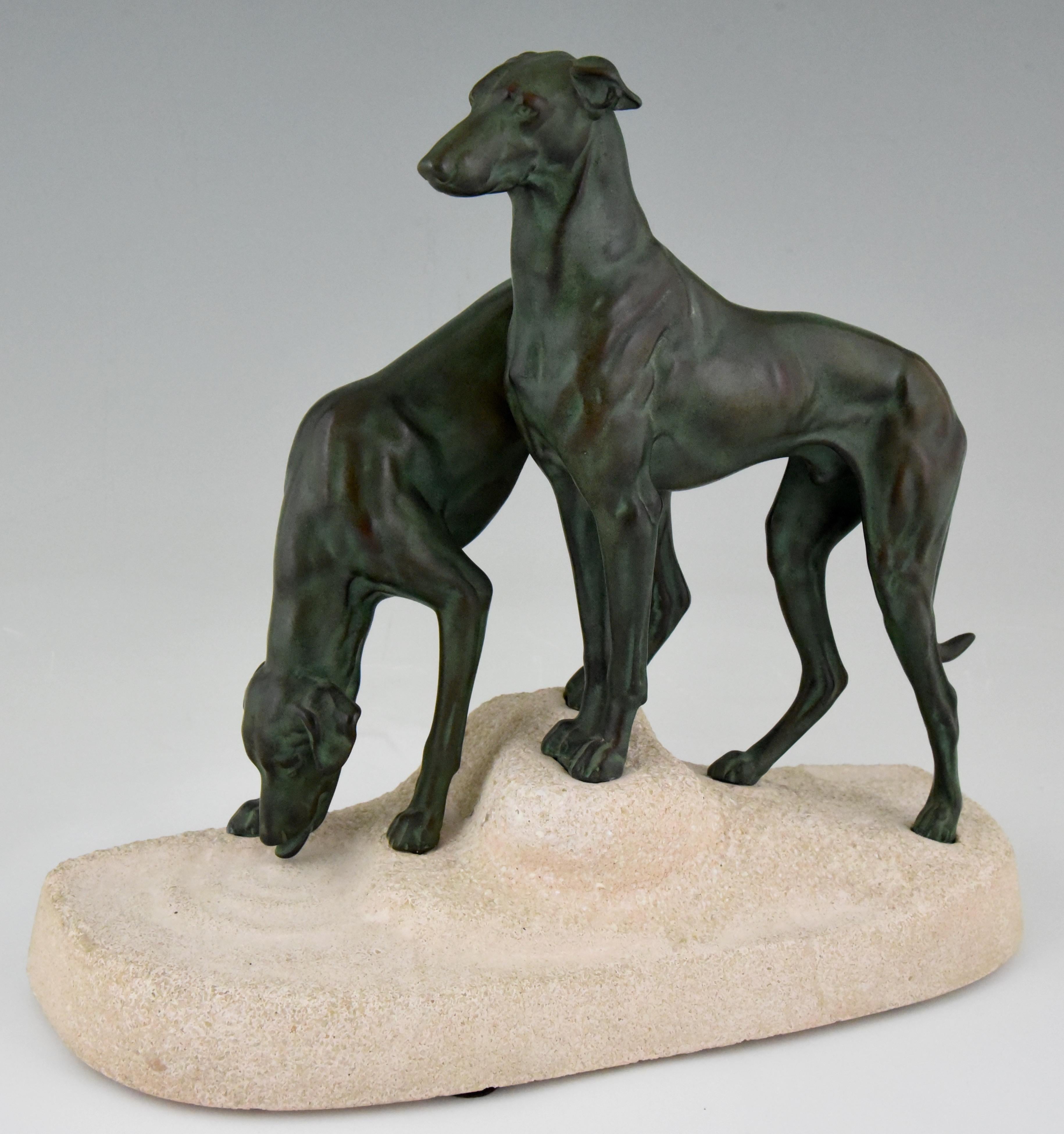 Art Deco sculpture of two greyhounds, “Soif du desert