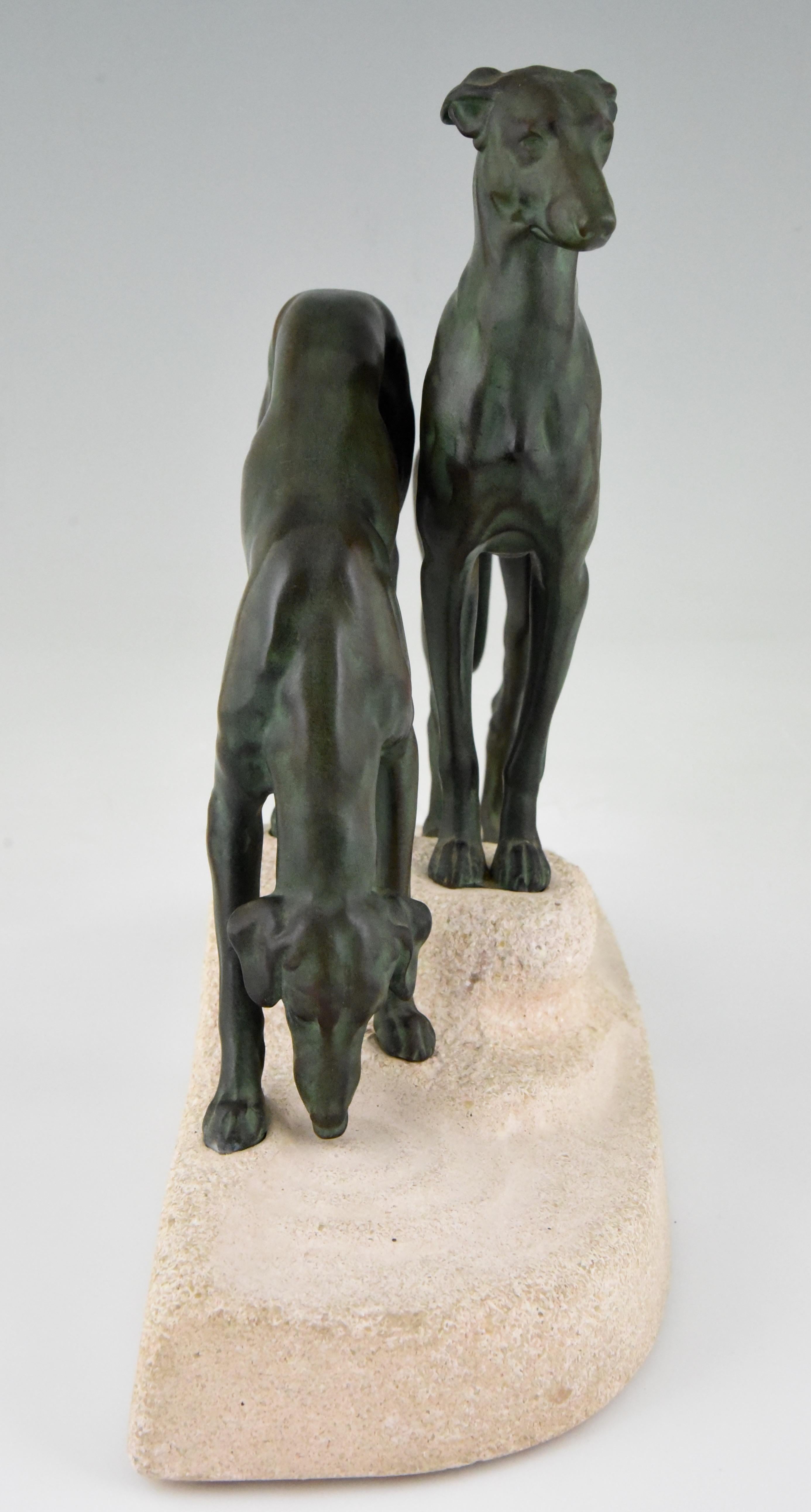 Patinated Art Deco Sculpture Greyhounds by Jules Edmond Masson  for Max Le Verrier France