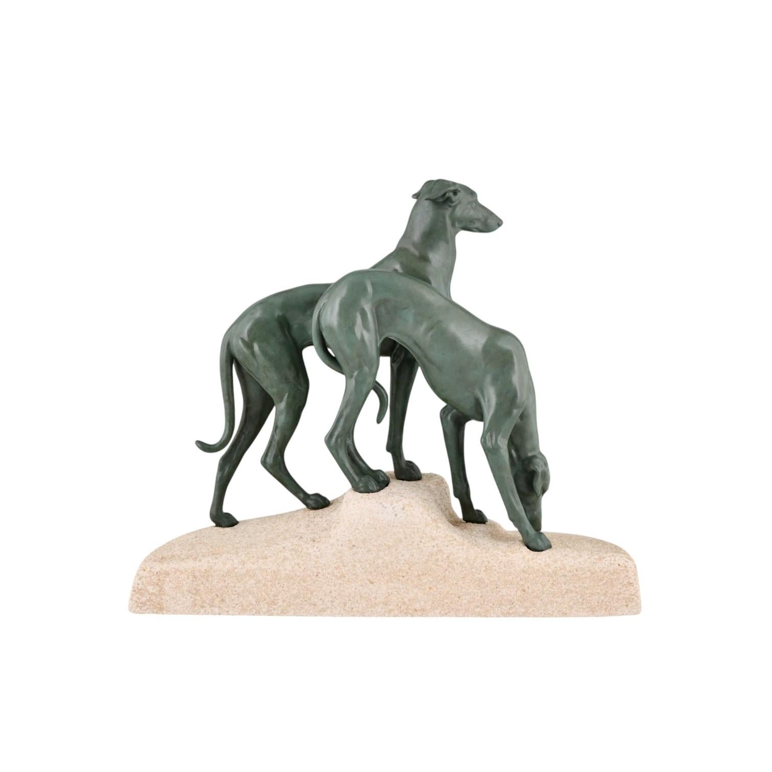 Patinated Art Deco Sculpture Greyhounds Jules Edmond Masson & Max Le Verrier France 1930 For Sale