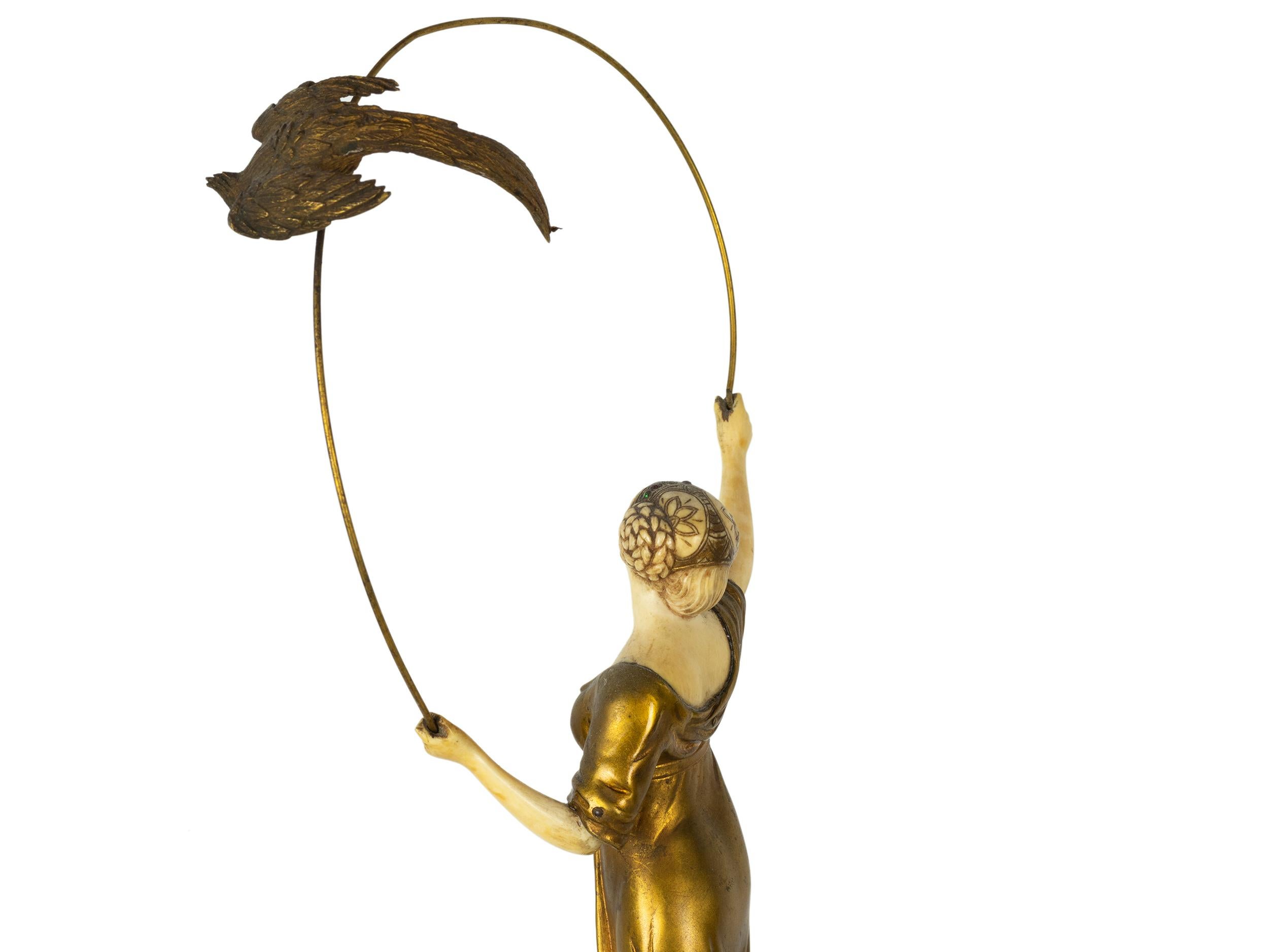 French Art Nouveau Statue Of Lady with Parrot By Alfred Brandel, 20th Century  For Sale