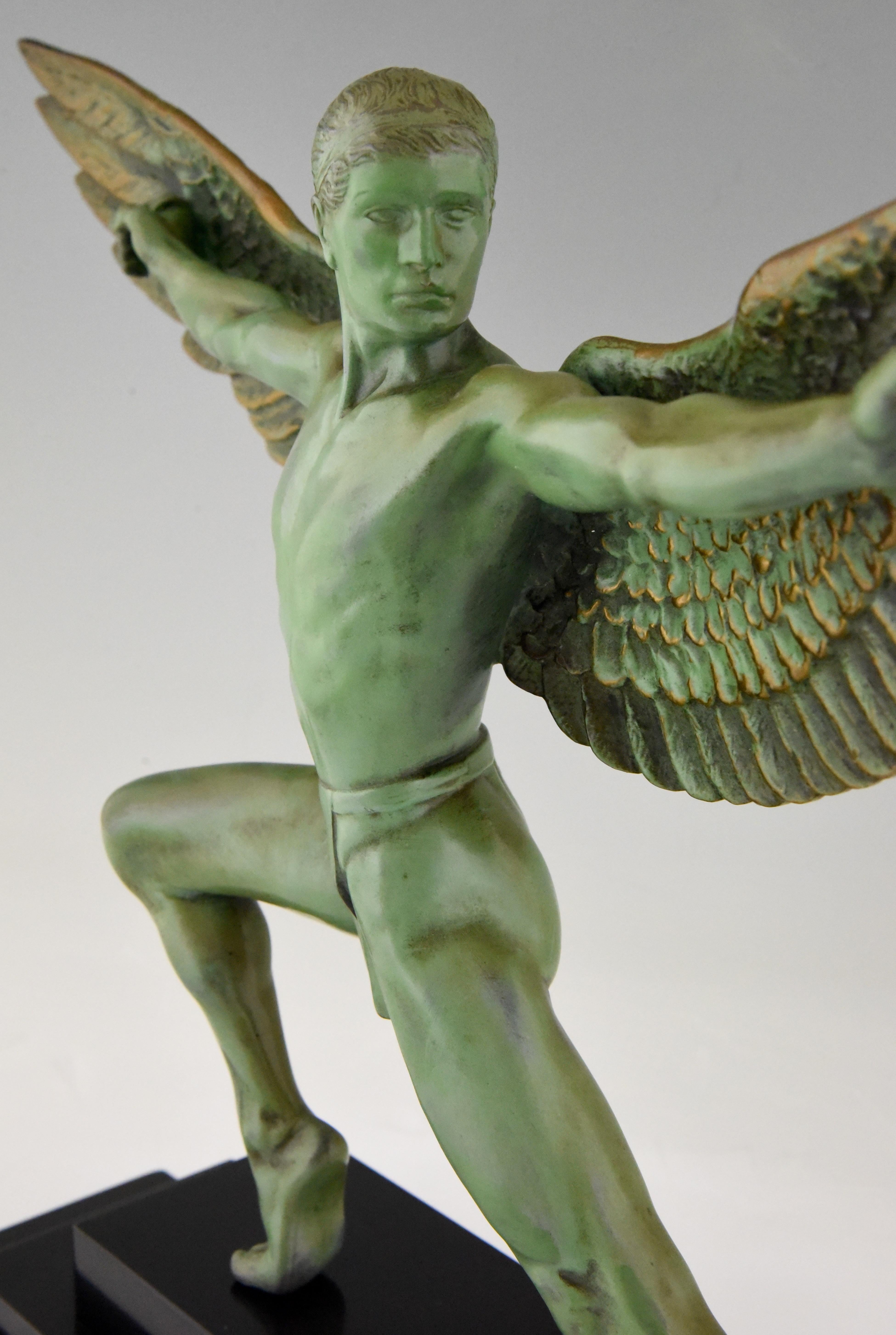 Belgian Black Marble Art Deco sculpture Icarus winged male nude Max Le Verrier, 1930