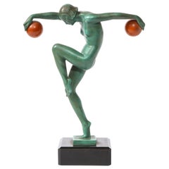 Art Deco Sculpture in Patinated & Carnelian Enameled Bronze by Denis