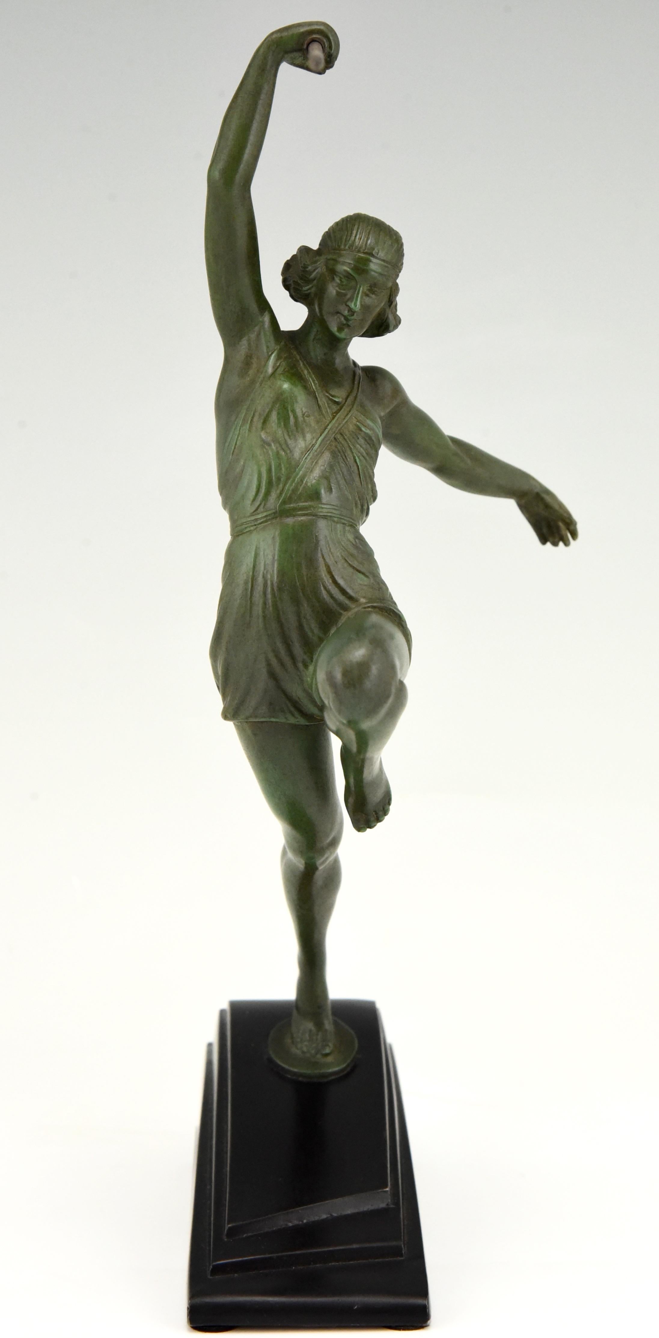 Patinated Art Deco Sculpture Javelin Thrower Fayral, Pierre Le Faguays for Le Verrier 1930