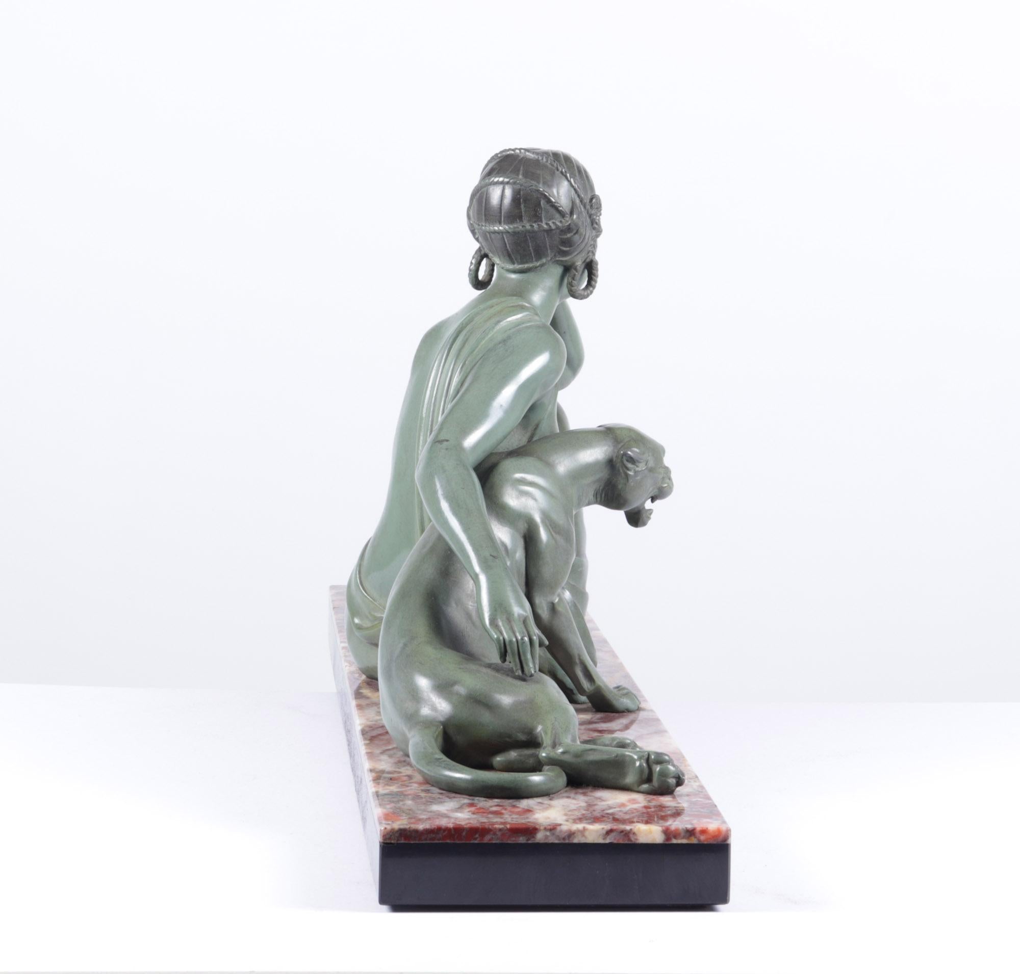 Spelter Art Deco Sculpture Lady and Panther by Armand Godard, C 1930