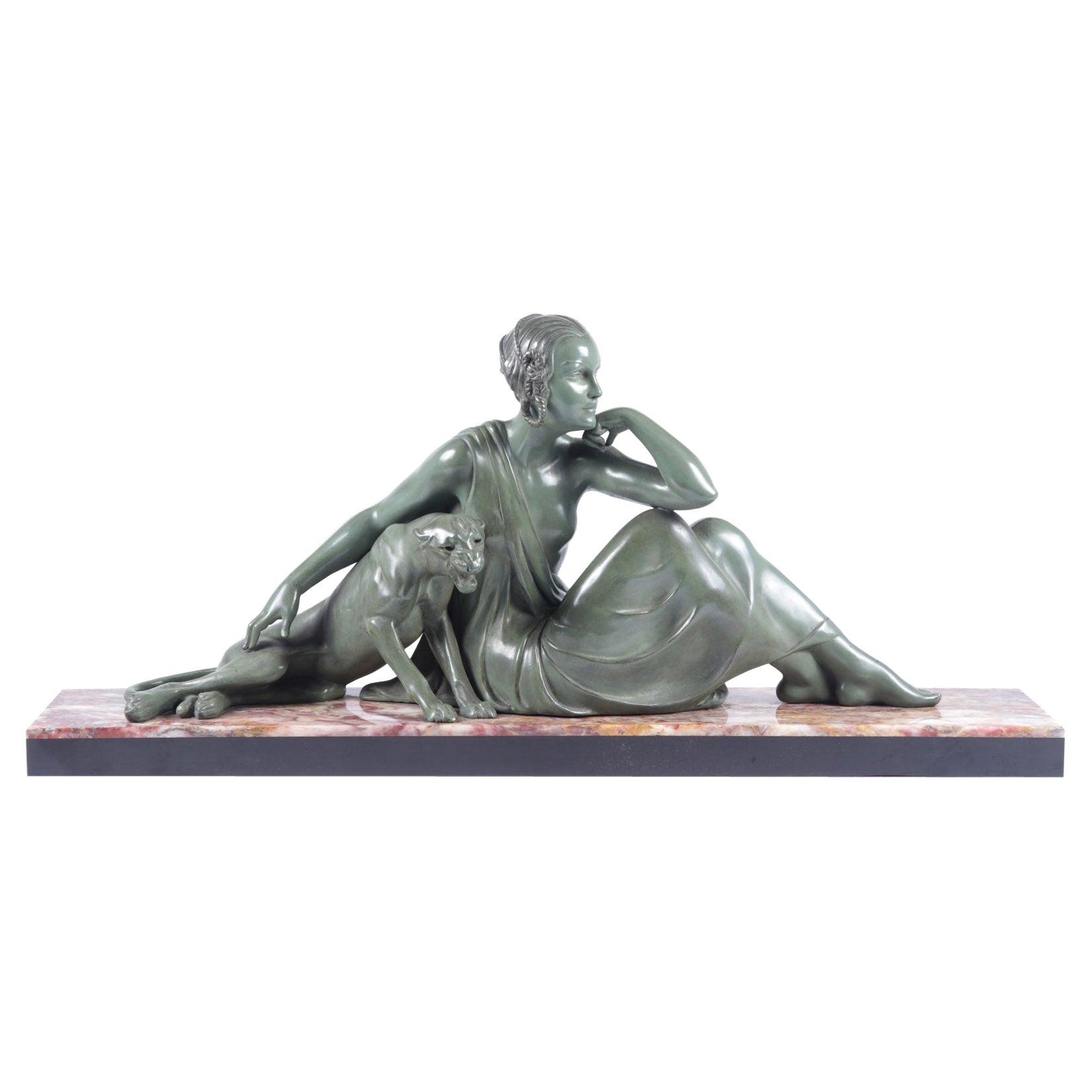 Art Deco Sculpture Lady and Panther by Armand Godard, C 1930