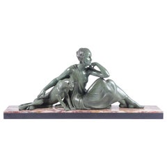 Art Deco Sculpture Lady and Panther by Armand Godard c 1930