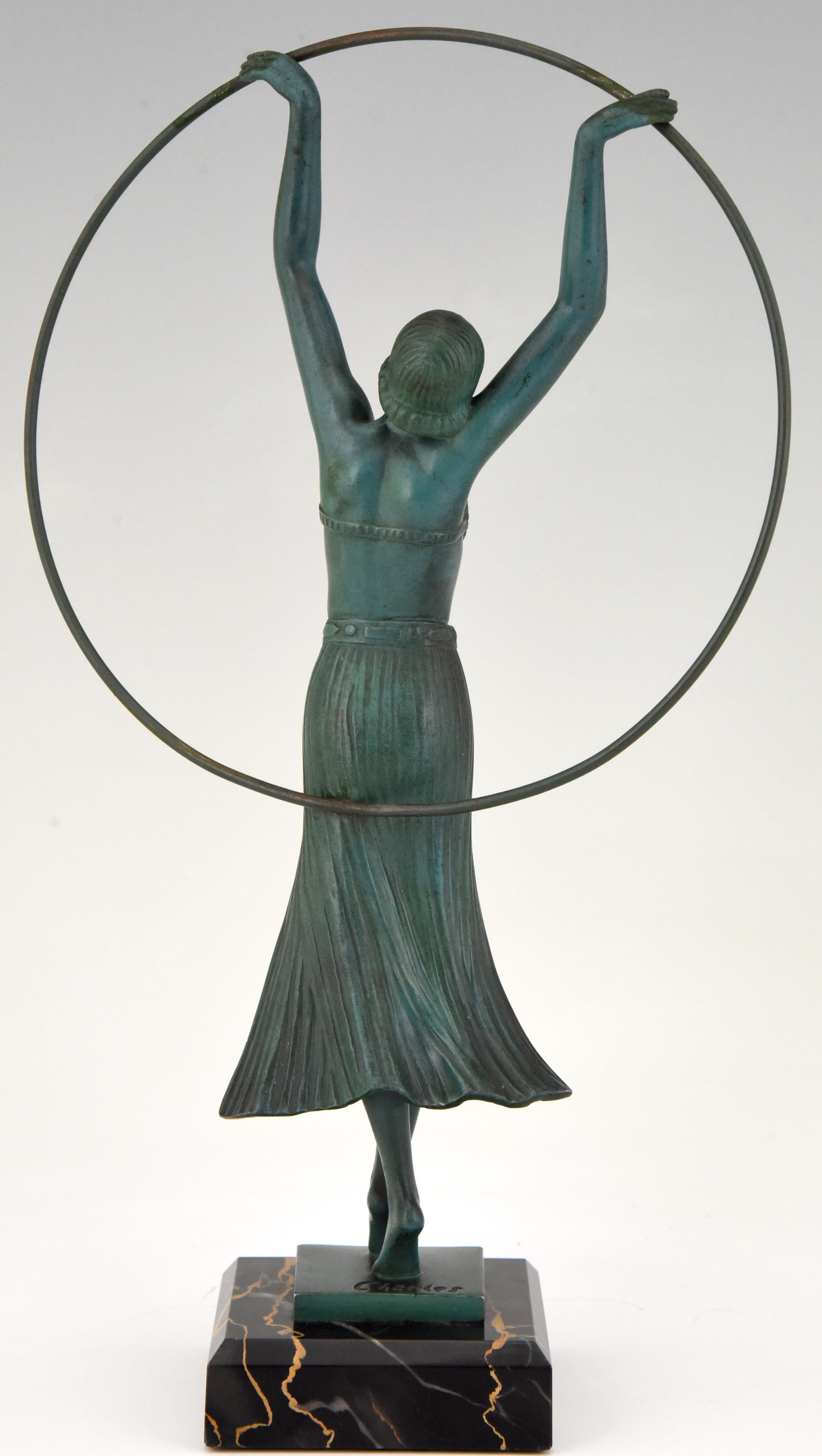 Patinated Art Deco Sculpture Lady Hoop Dancer by Charles for Max Le Verrier, France, 1930