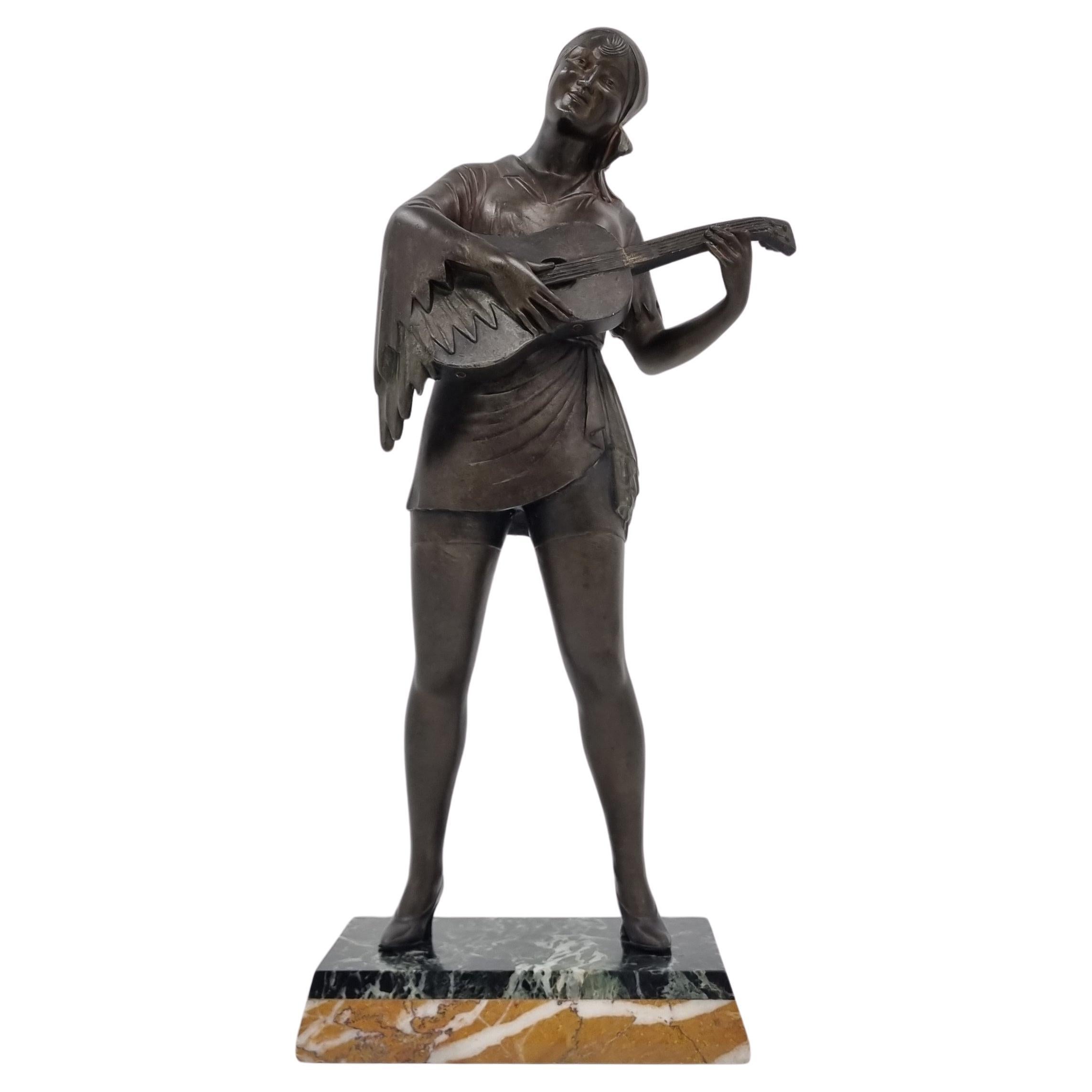 Art Deco Sculpture Lady Playing the Guitar For Sale