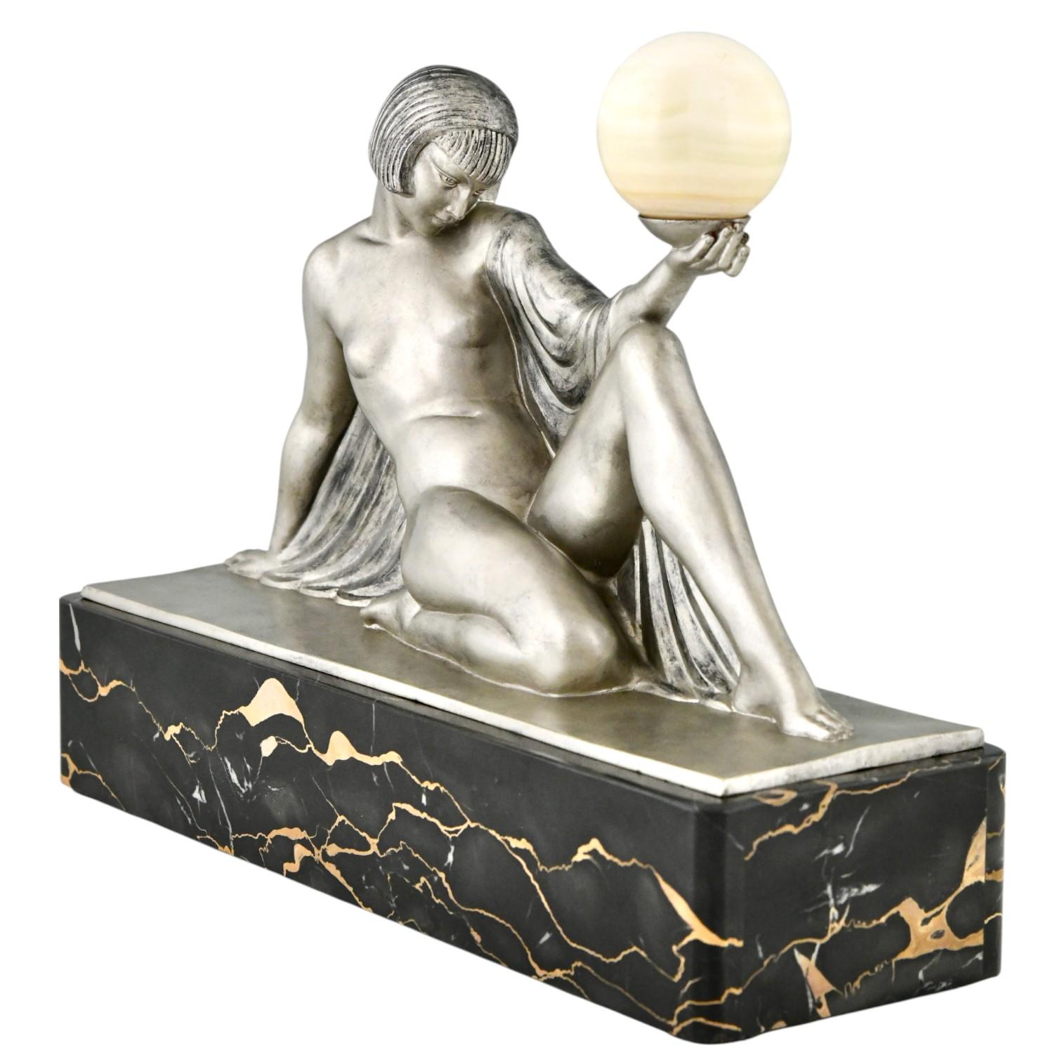 French Art Deco sculpture lady with ball Rèverie by Guerbe for Max Le Verrier For Sale