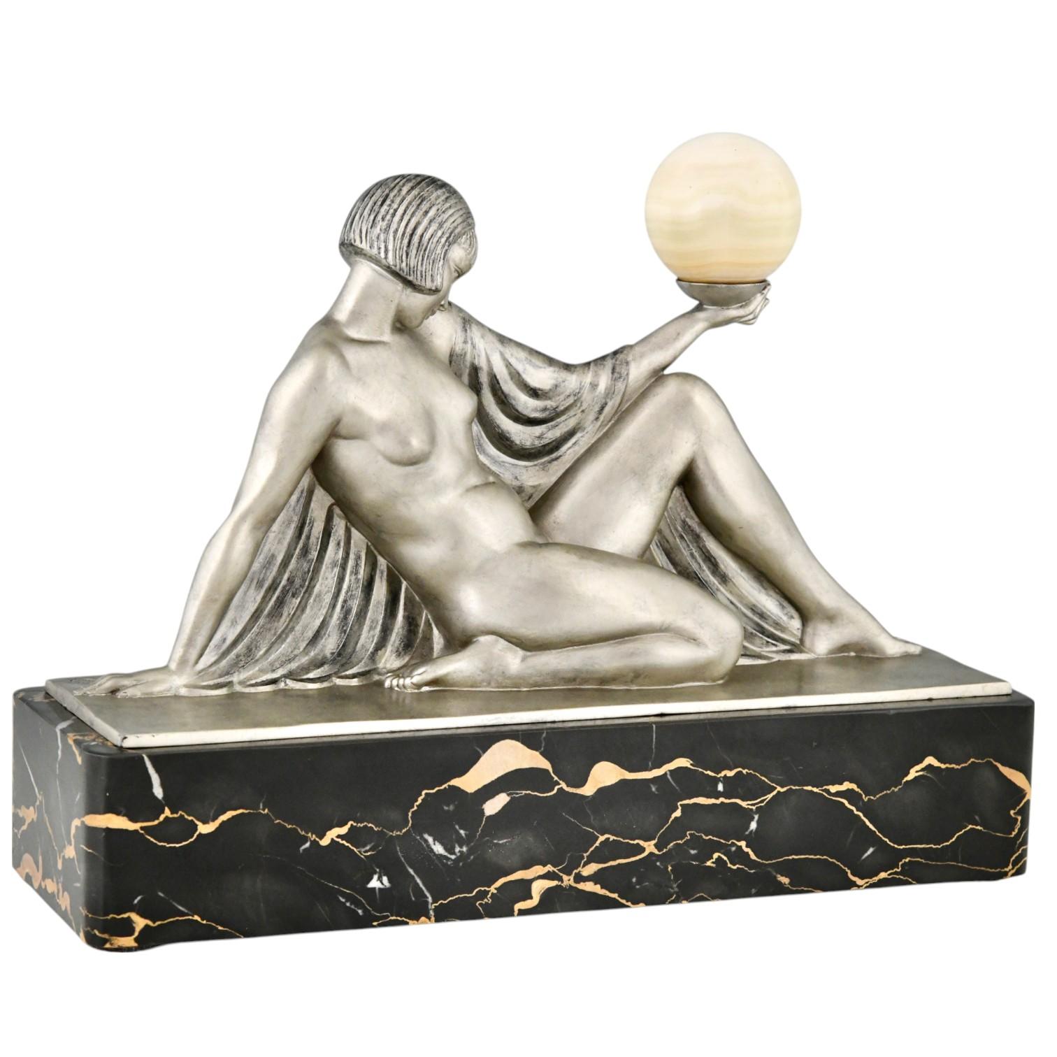 Metal Art Deco sculpture lady with ball Rèverie by Guerbe for Max Le Verrier For Sale