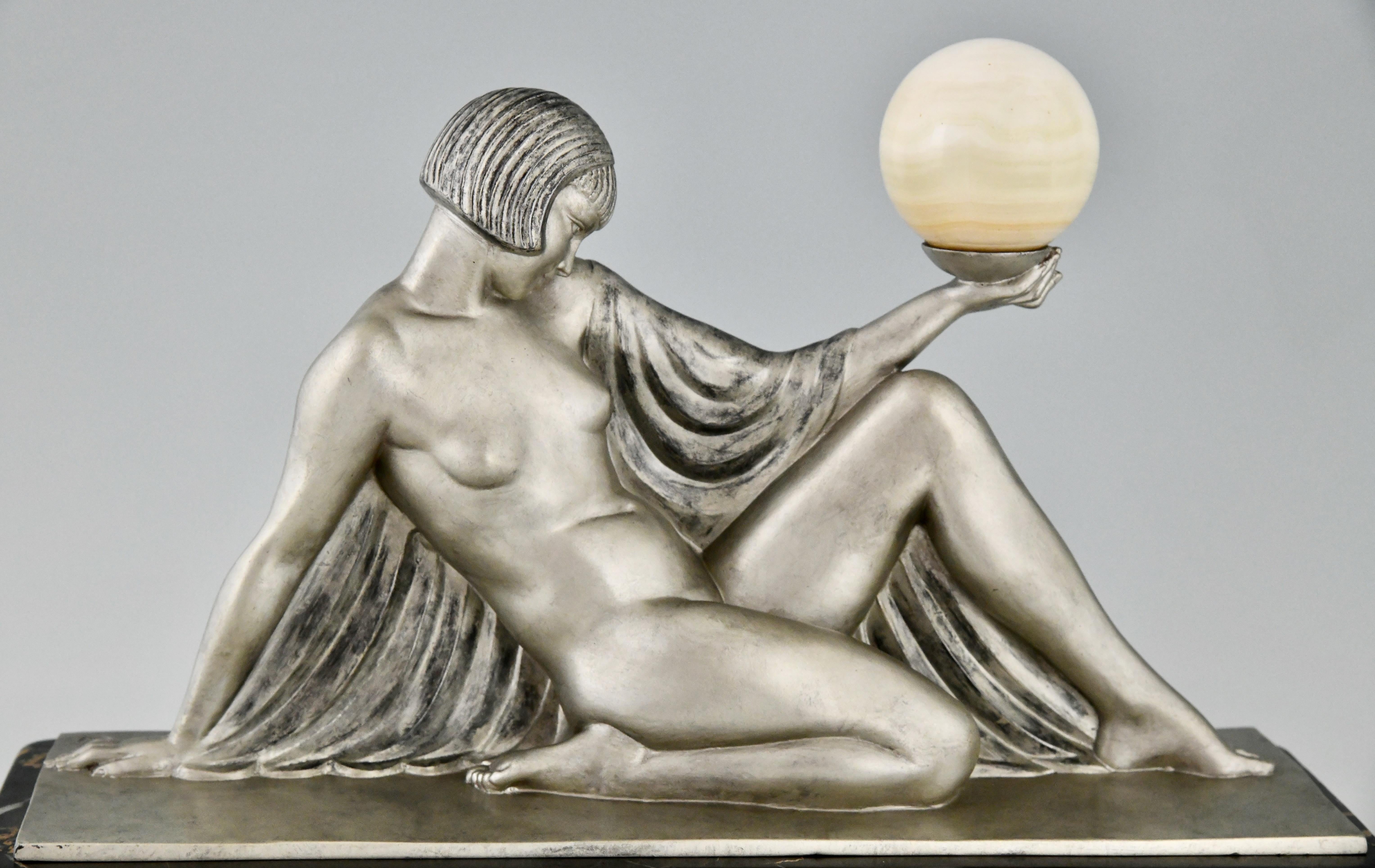 Art Deco sculpture lady with ball Rèverie by Guerbe for Max Le Verrier For Sale 1