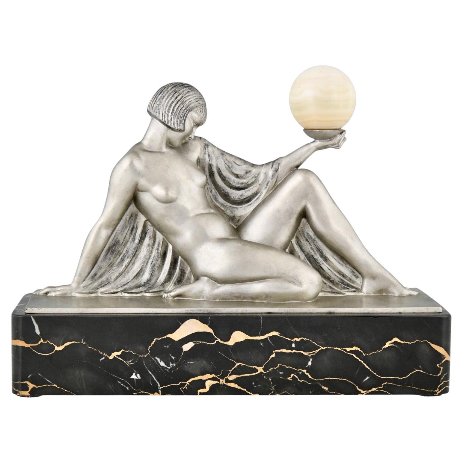 Art Deco sculpture lady with ball Rèverie by Guerbe for Max Le Verrier