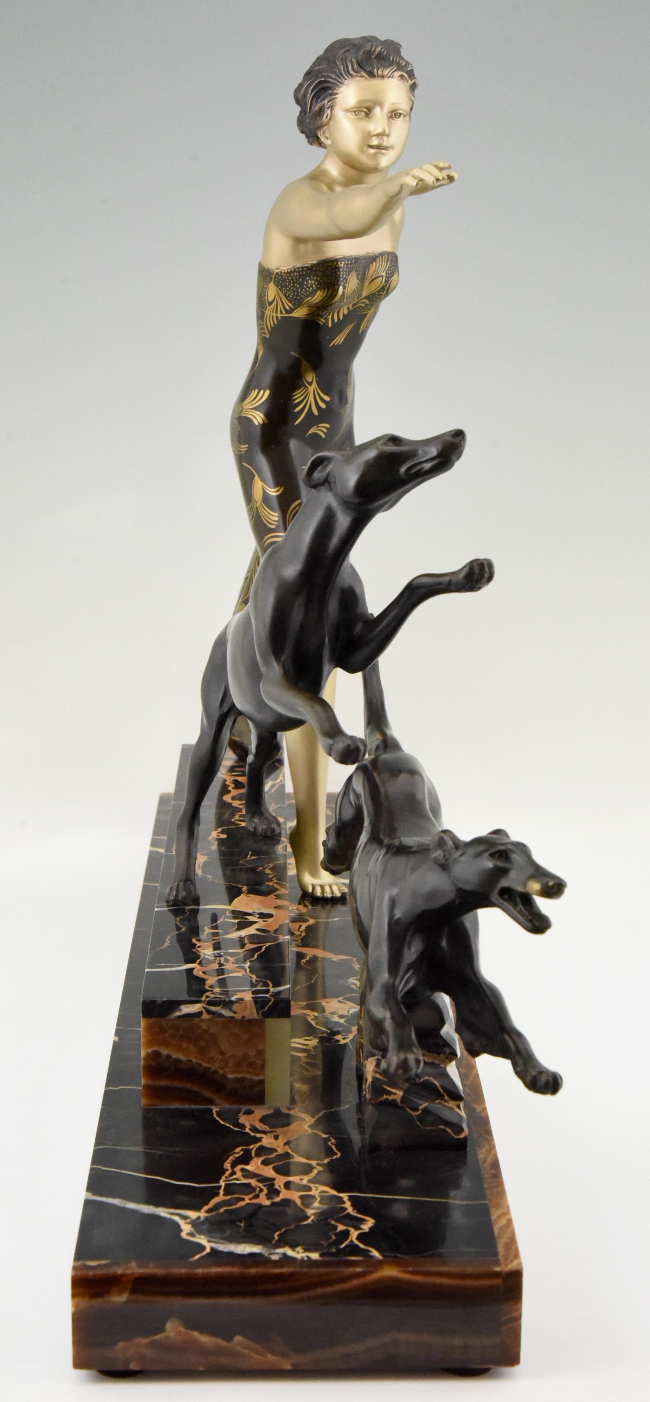 French Art Deco Sculpture Lady with Dogs by Uriano, France, 1930