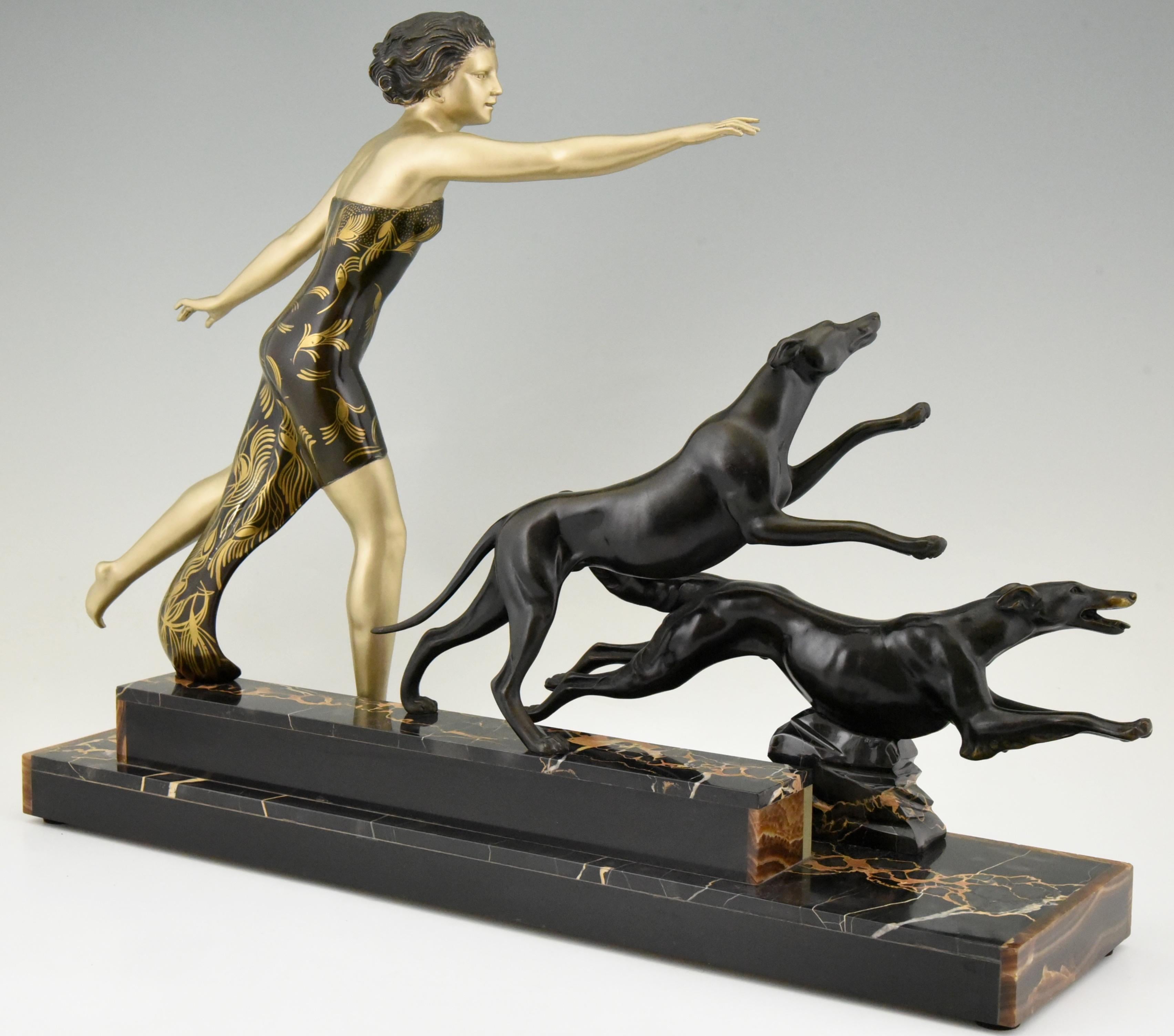 Patinated Art Deco Sculpture Lady with Dogs by Uriano, France, 1930